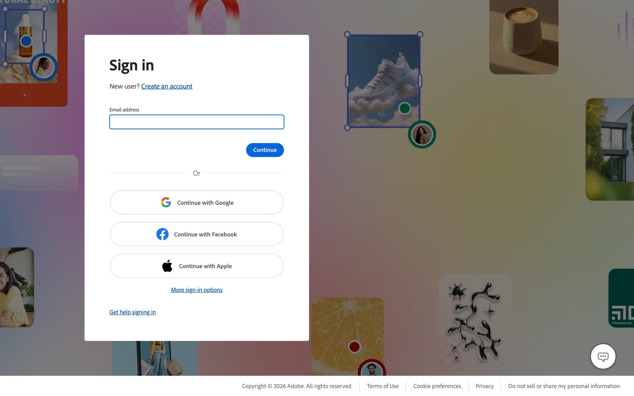 Página de inicio de Adobe Express con el titular "Sign in" («Iniciar sesión»)