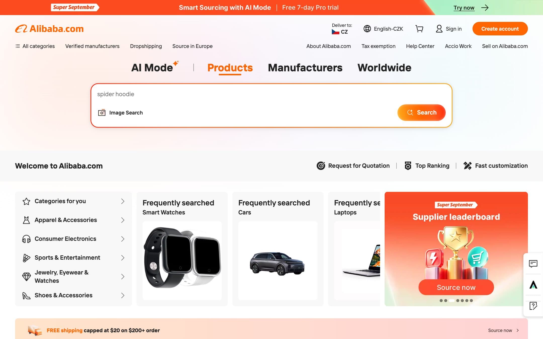Página de inicio de Alibaba.com con el buscador AI Mode sobre los accesos a categorías y una tabla de proveedores destacados
