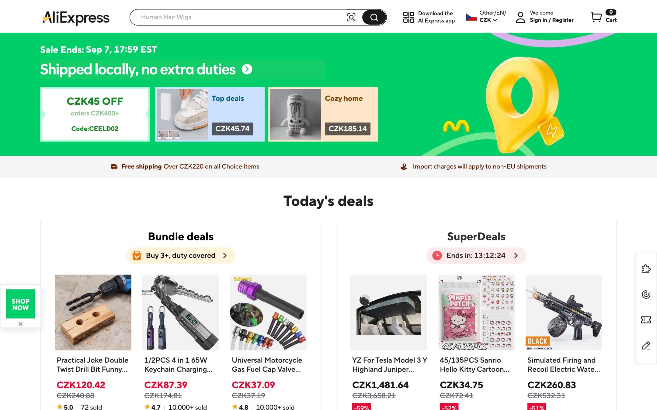 Página de inicio de AliExpress con un banner promocional verde que dice «Shipped locally, no extra duties» («Envío local, sin aranceles extra») sobre una cuadrícula de productos rebajados con precios en coronas checas