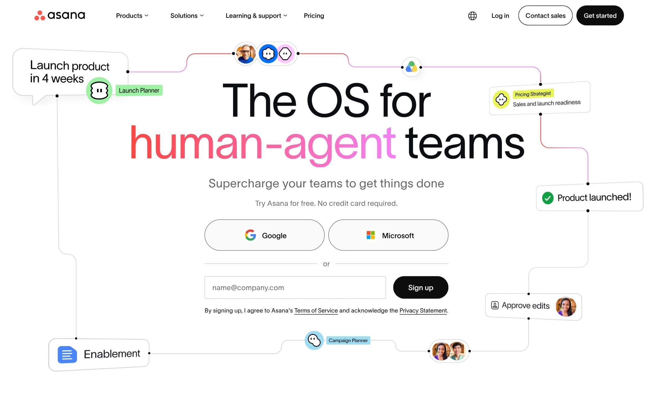 Página de inicio de Asana con el titular "The OS for human-agent teams" y un formulario de registro, rodeados de tarjetas de tareas ilustradas