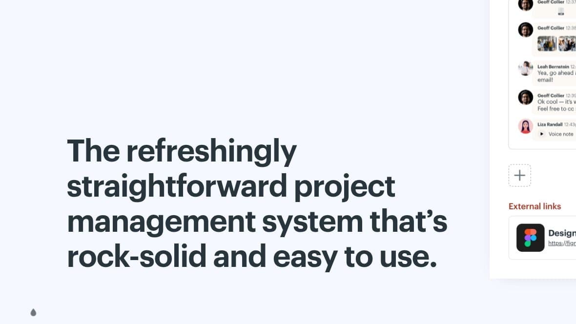 Página de inicio de Basecamp, recortada al titular "The refreshingly straightforward project management system that is rock-solid and easy to use." sobre un fondo claro, con el borde de una maqueta de proyecto a la derecha.