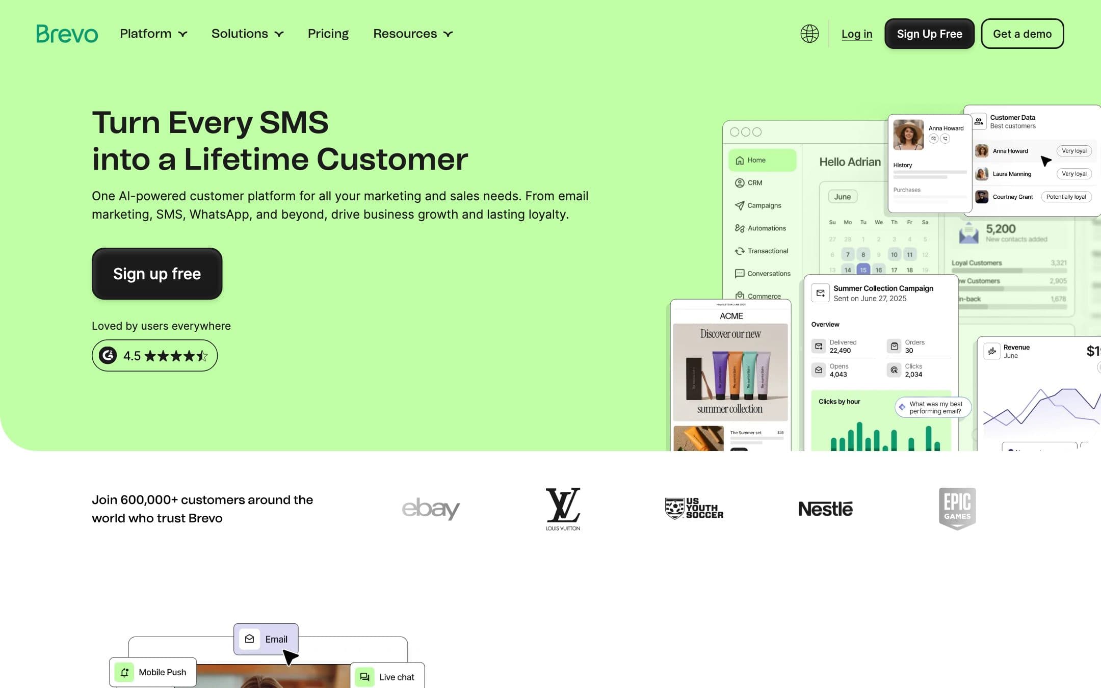 Página de inicio de Brevo con el titular «Turn Every Email SMS Order Interaction into a Lifetime Customer» («Convierte cada correo, SMS, pedido e interacción en un cliente para toda la vida»)