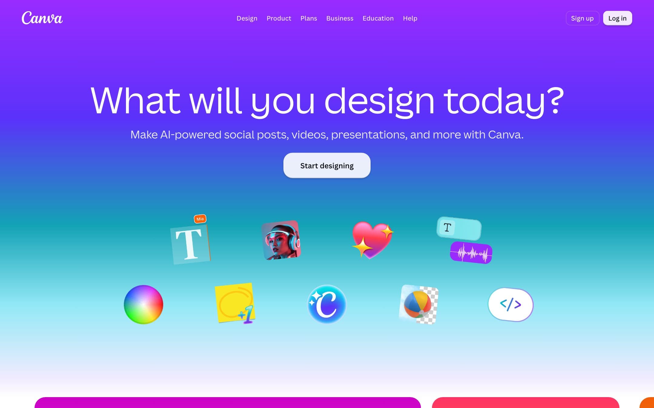 Página de inicio de Canva con el titular "What will you design today?" («¿Qué vas a diseñar hoy?»)