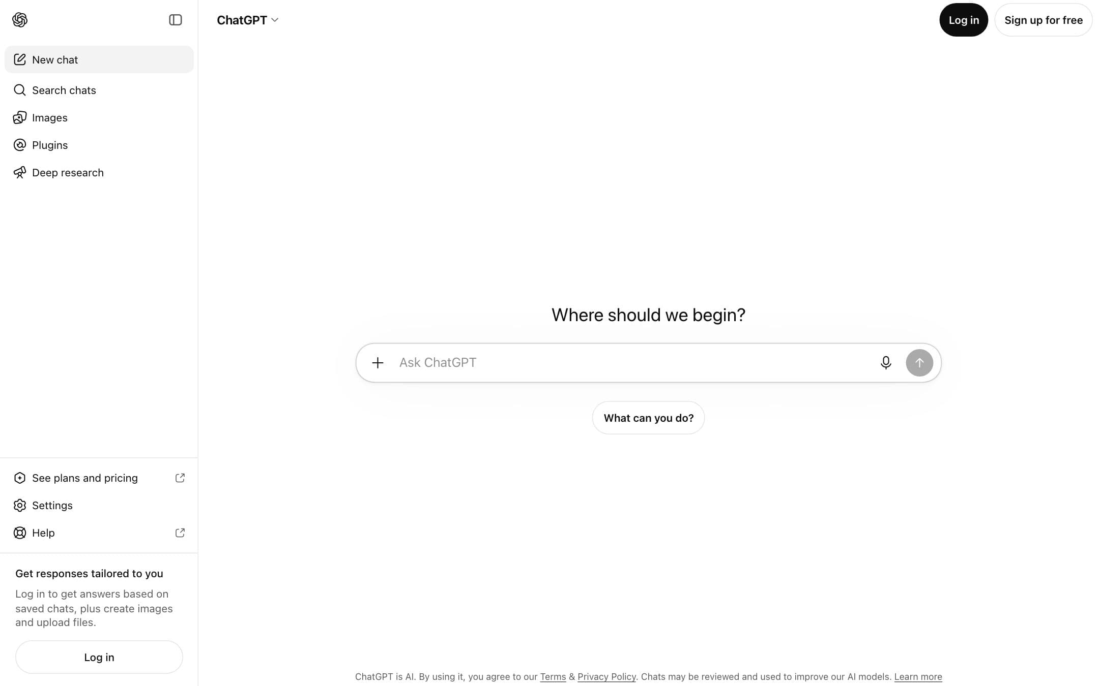 Página de inicio de ChatGPT con el titular «Get responses tailored to you»