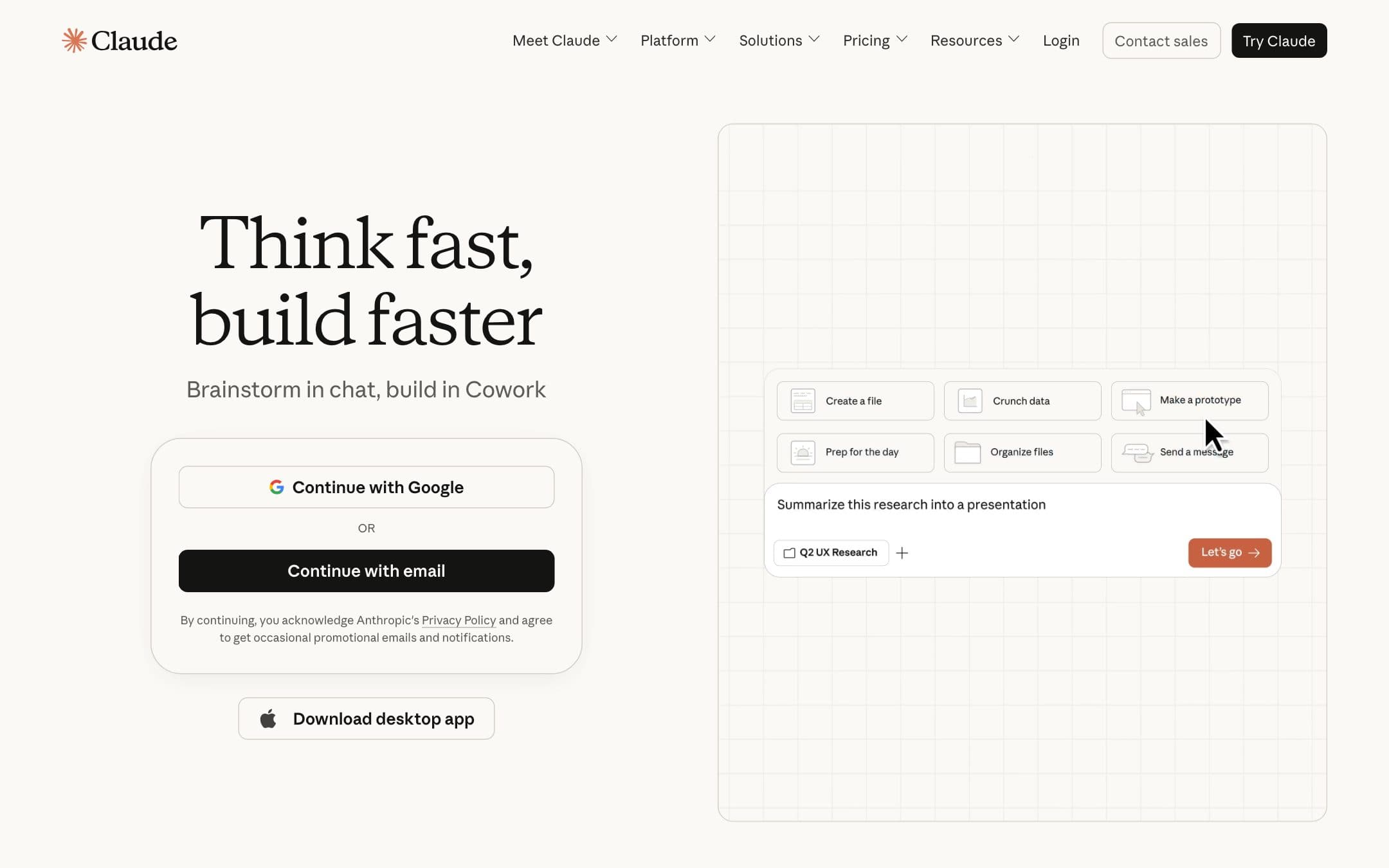 Página de inicio de Claude con el titular «Think fast, build faster»