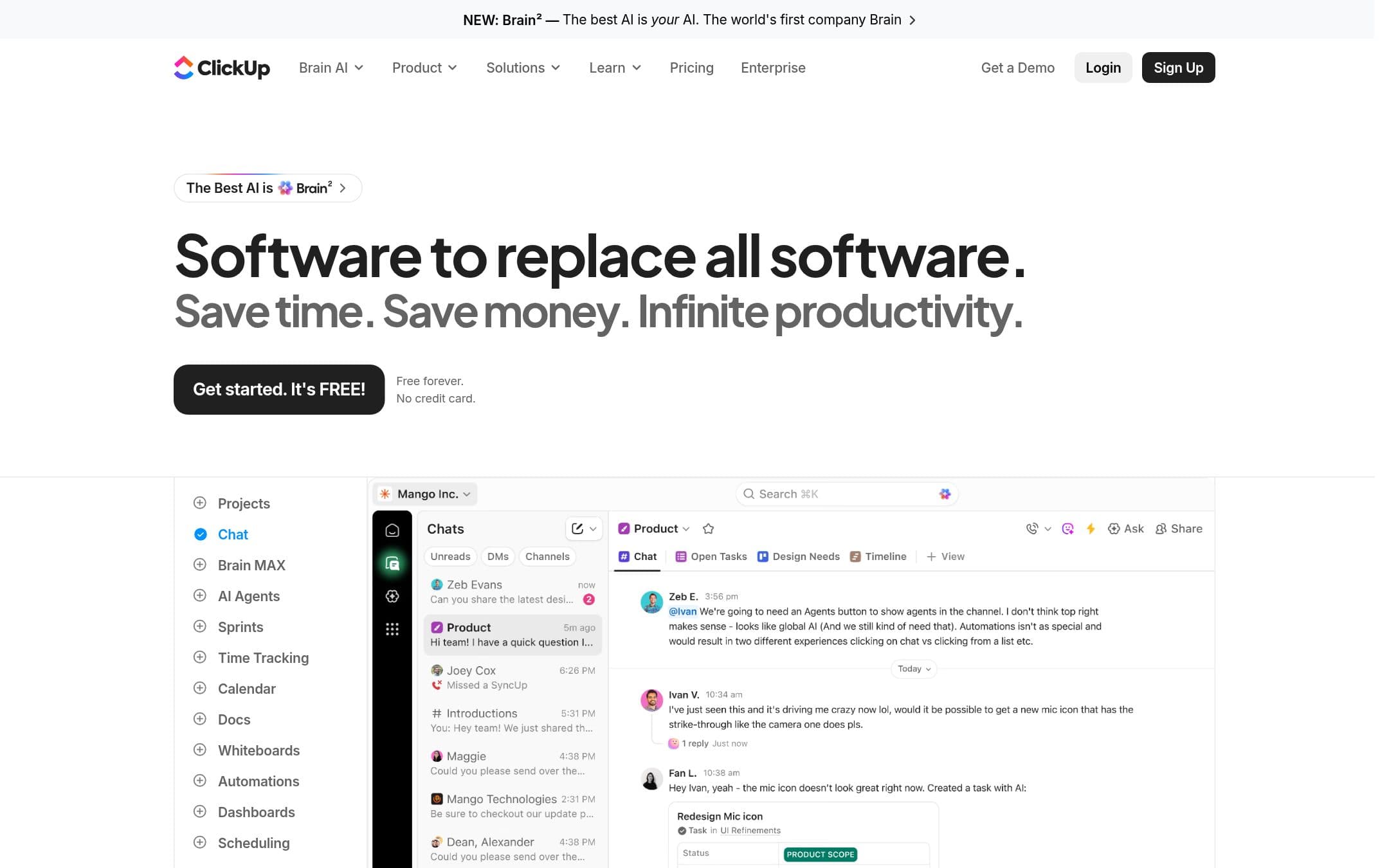 Página de inicio de ClickUp con el titular "Software to replace all software" sobre una captura de sus vistas de chat y de tareas