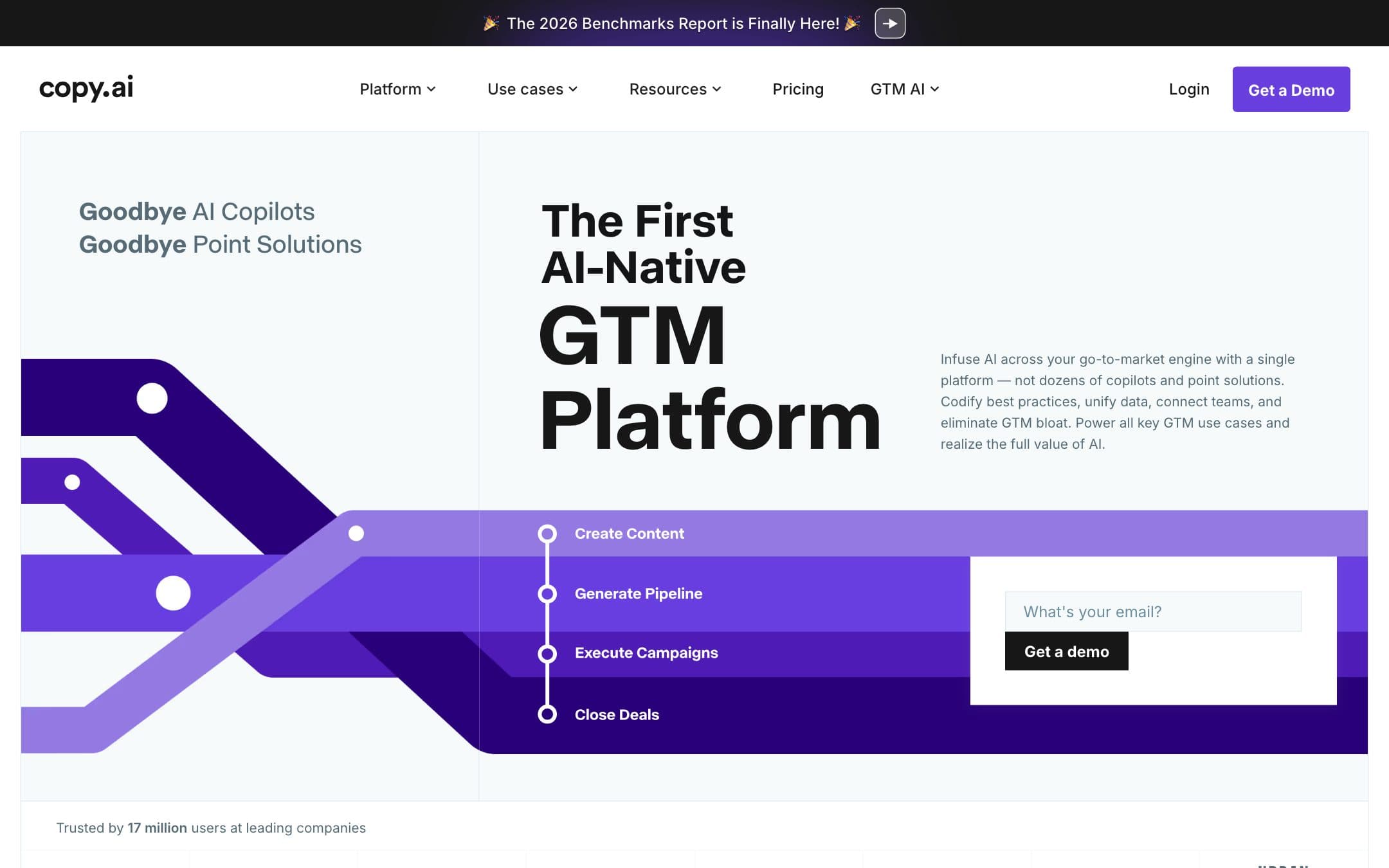 Página de inicio de Copy.ai con el titular «GTM Platform»