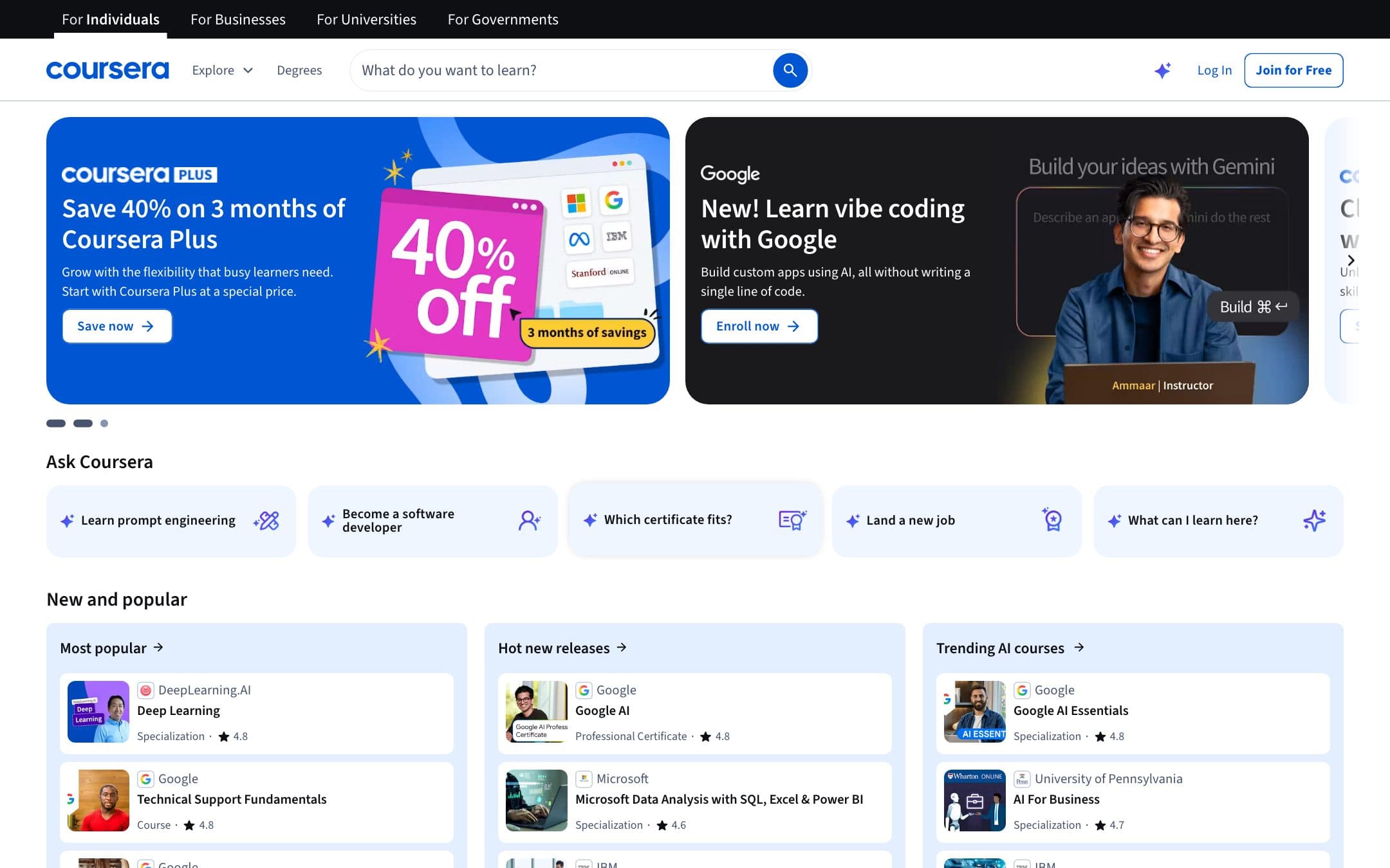 Página de inicio de Coursera con el titular "Learn without limits"