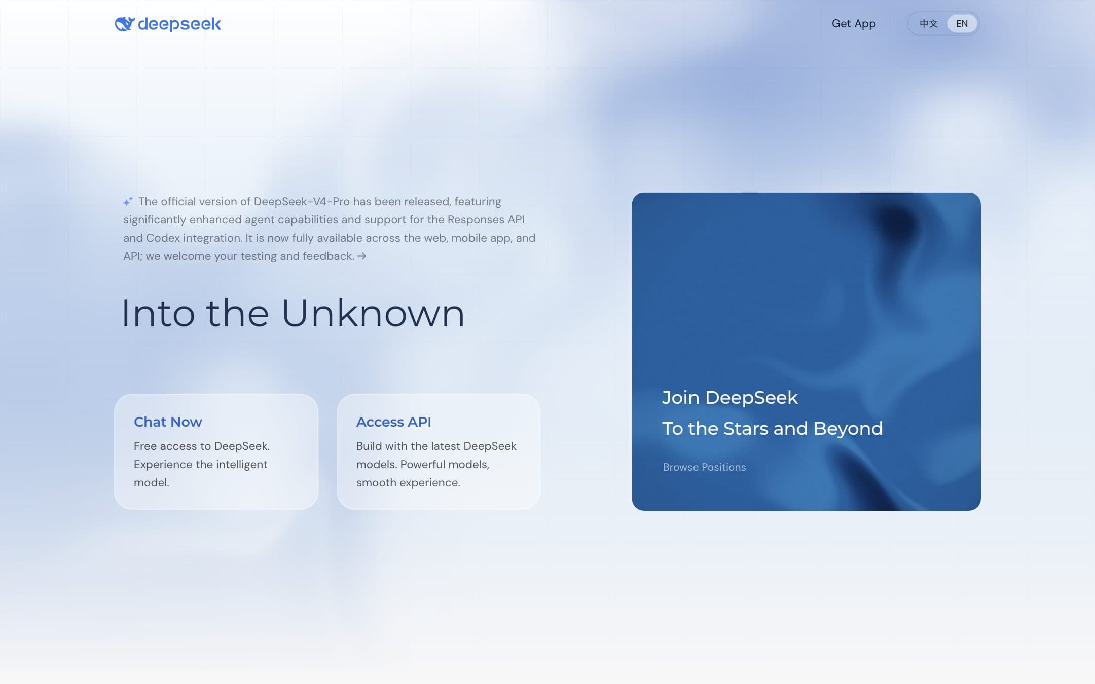 Página de inicio de DeepSeek con el titular «Into the Unknown»