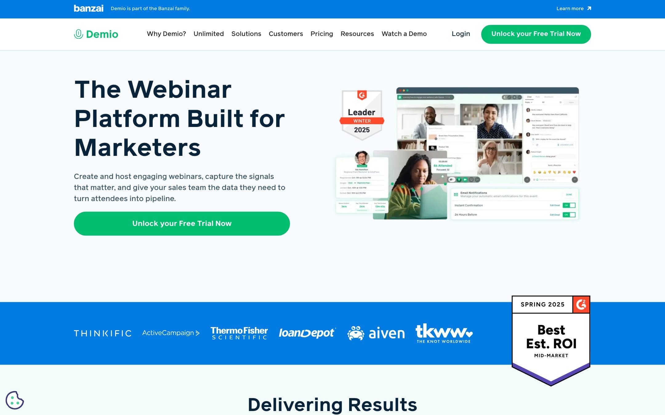 Página de inicio de Demio con el titular «The Webinar Platform Built for Marketers» («La plataforma de webinars hecha para equipos de marketing»)