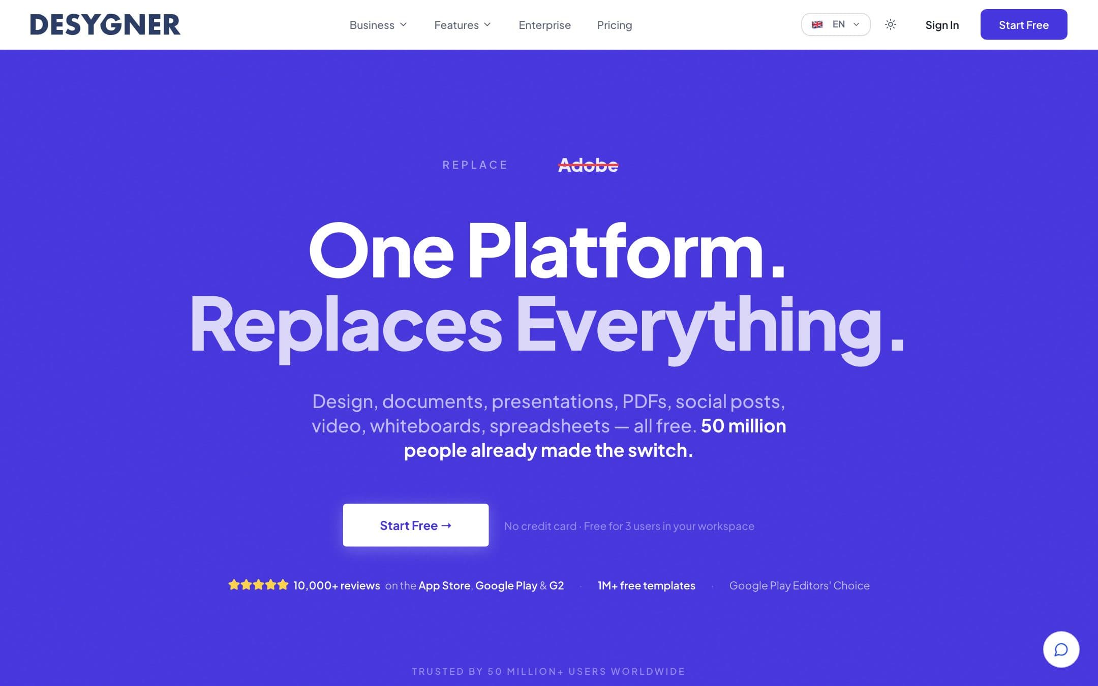 Página de inicio de Desygner con el titular "One Platform. Replaces Everything." («Una plataforma. Lo reemplaza todo».) sobre un fondo morado. Recortada por encima del aviso de cookies y de la fila de valoraciones con estrellas.