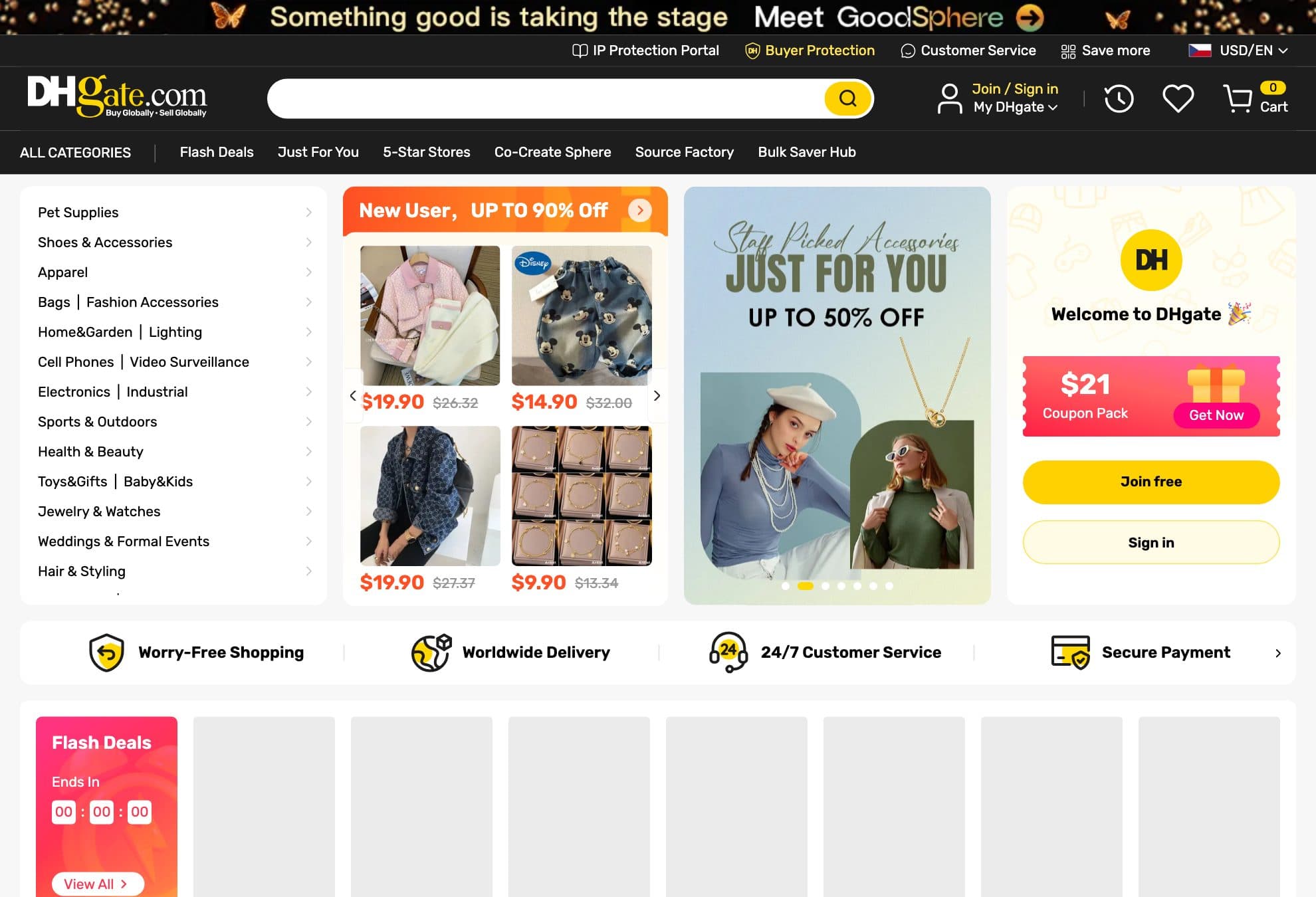 La página de inicio de DHgate con el titular «DHgate-Top-notch China Wholesale Marketplace» (DHgate, marketplace mayorista chino de primera)
