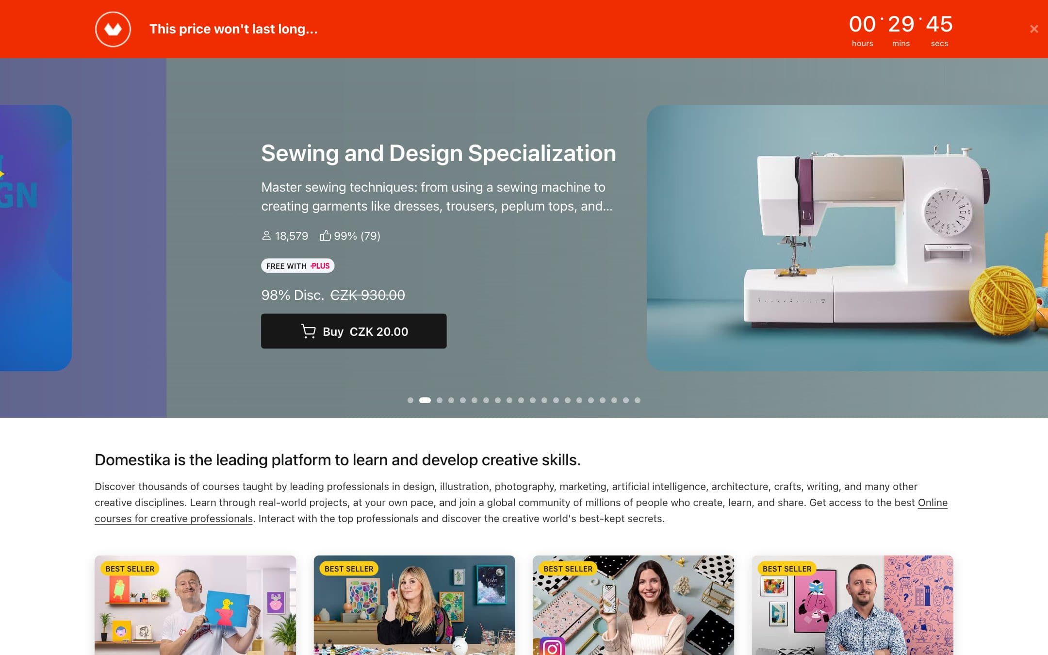 Domestika homepage with a course carousel showing "Sewing and Design Specialization", priced in Czech koruna