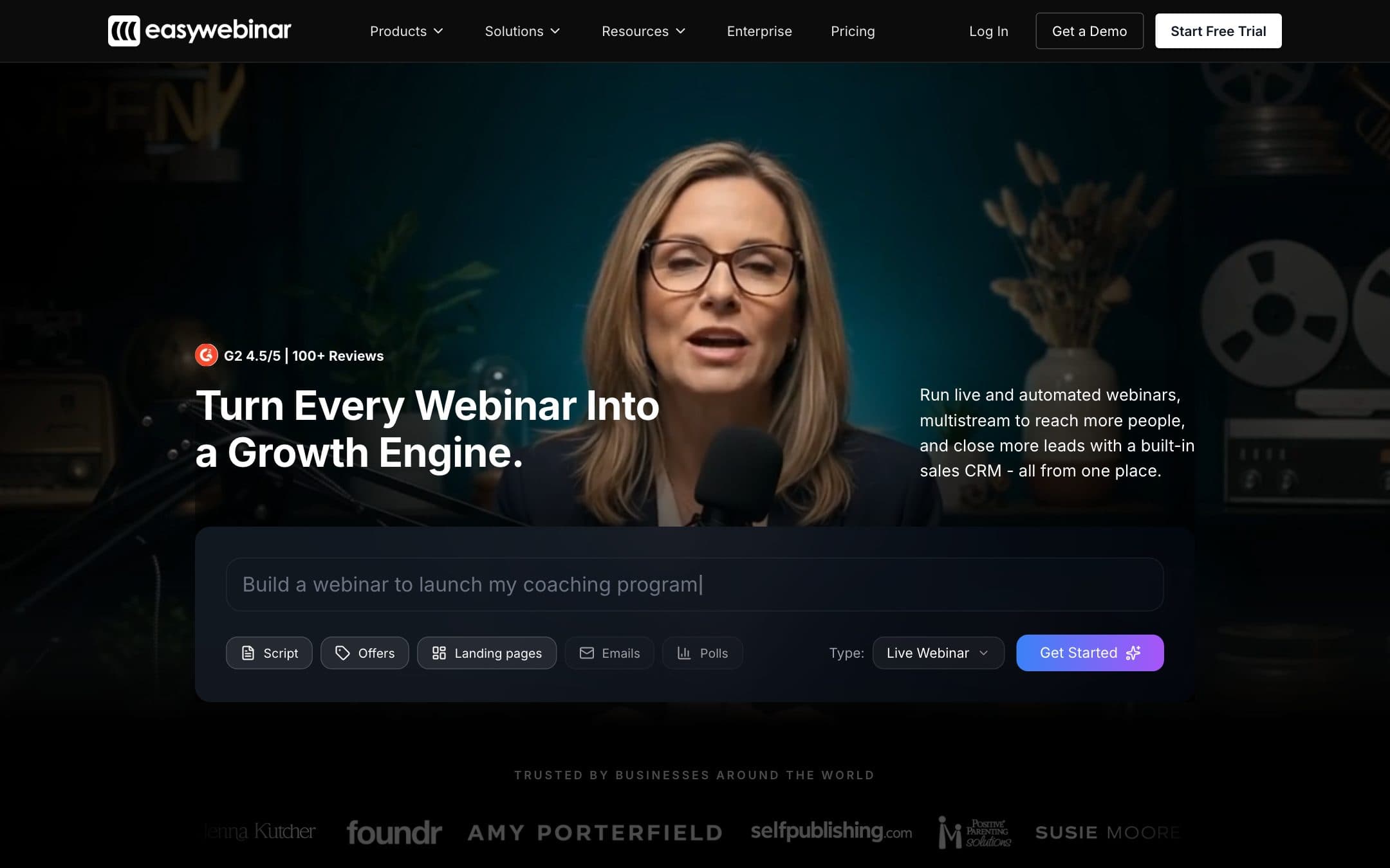 Página de inicio de EasyWebinar con el titular «Turn Every Webinar Into a Growth Engine.» («Convierte cada webinar en un motor de crecimiento.»)