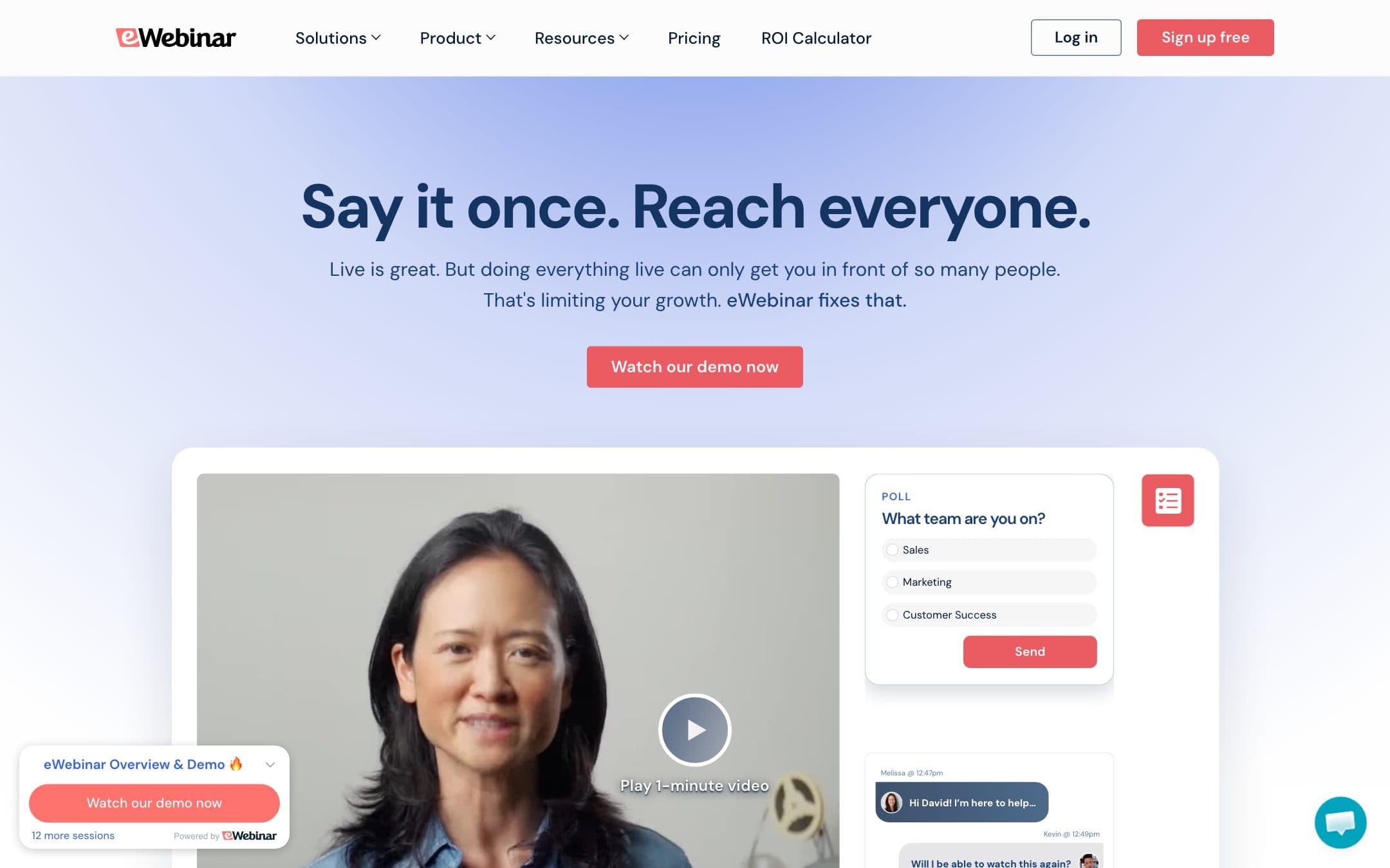 Página de inicio de eWebinar con el titular «Say it once. Reach everyone.» («Dilo una vez. Llega a todo el mundo.»)