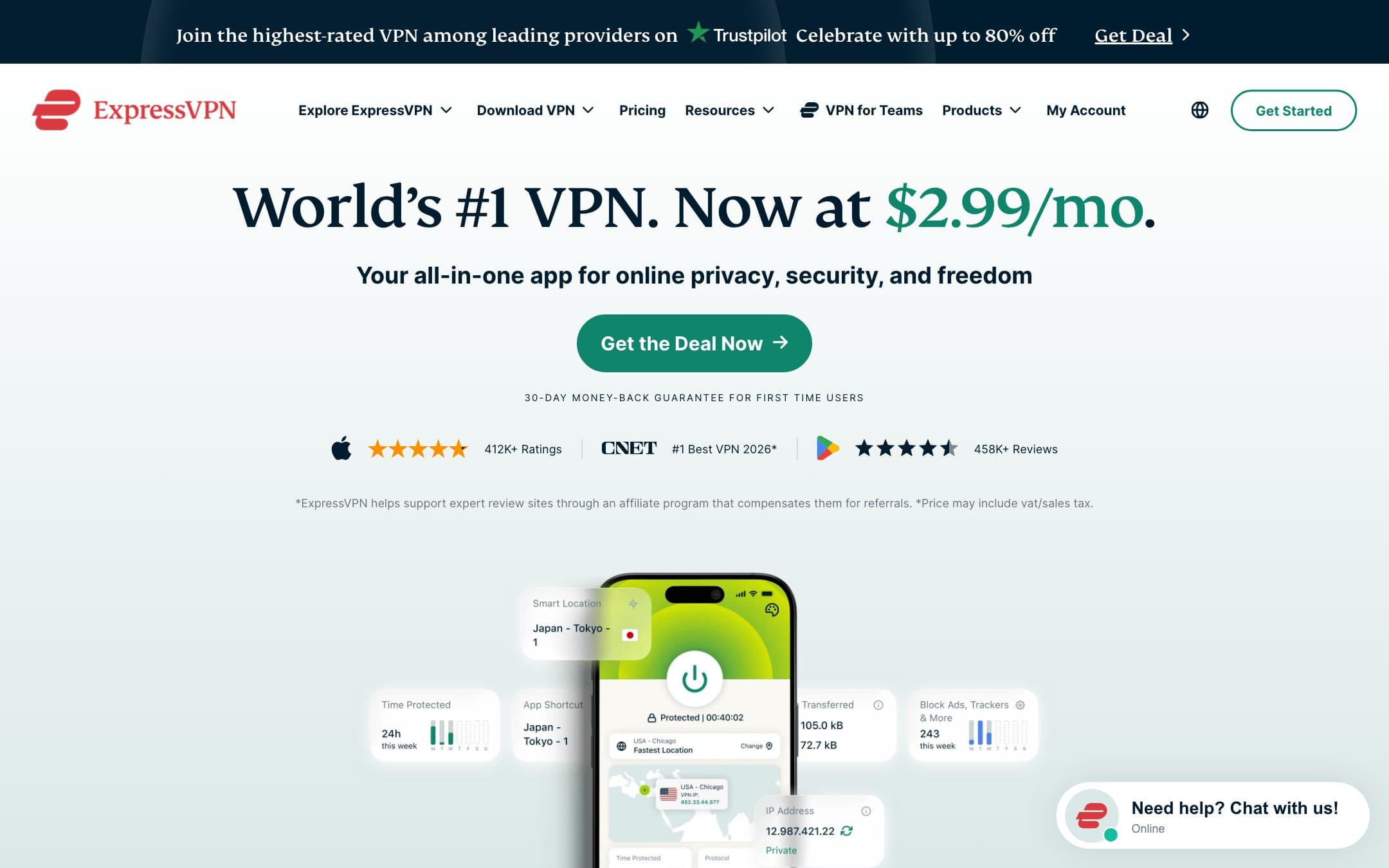 Página de inicio de ExpressVPN con el titular «World’s #1 VPN. Now at $2.99/mo.» (la VPN número 1 del mundo, ahora a 2,99 USD al mes)