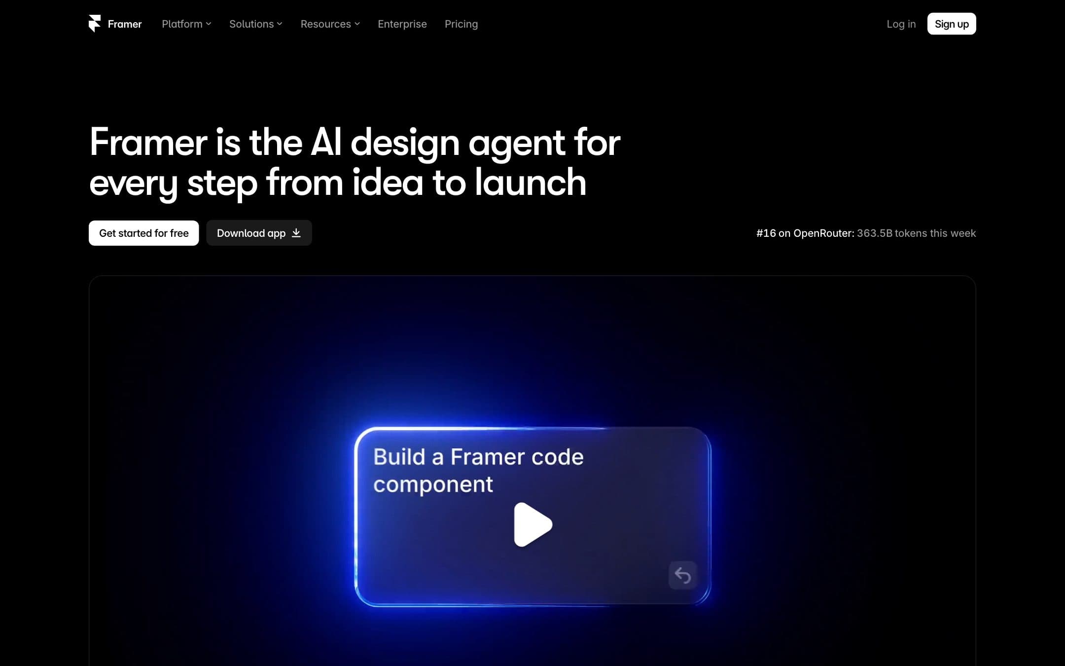 Página de inicio de Framer con el titular «Framer is the AI design agent for every step from idea to launch»
