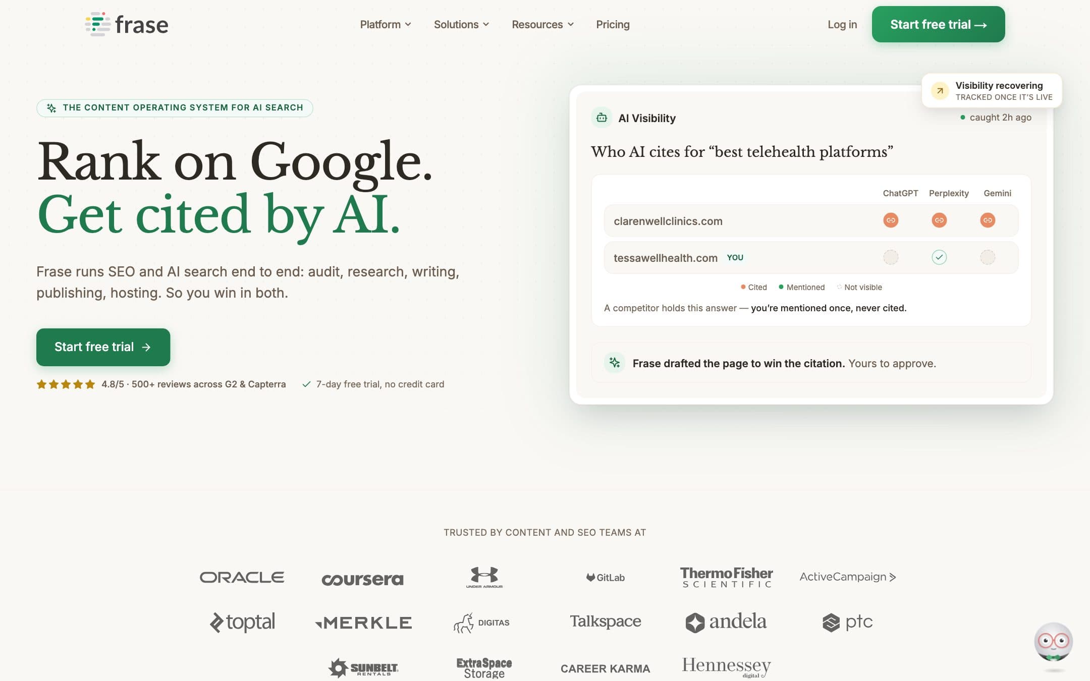 Página de inicio de Frase con el titular «Rank on Google. Get cited by AI.»