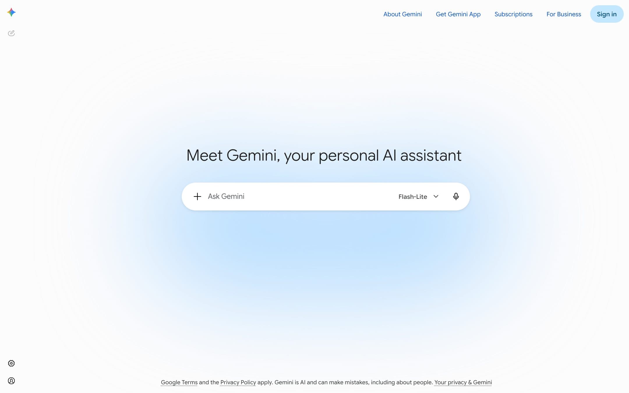 Página de inicio de Gemini con el titular «Conversation with Gemini»
