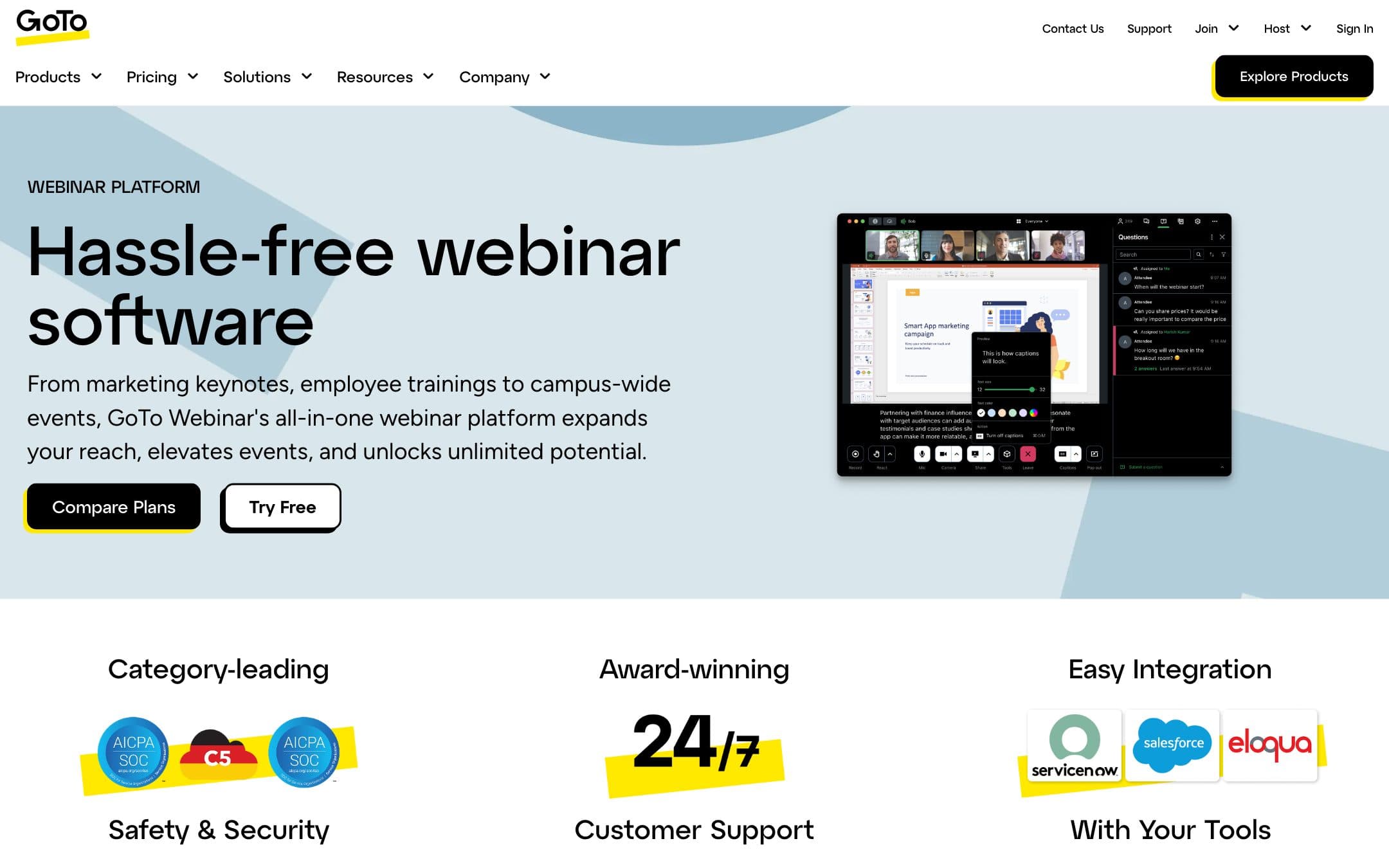 Startseite von GoTo Webinar mit der Überschrift „Hassle-free webinar software“ (Webinar-Software ohne Ärger)