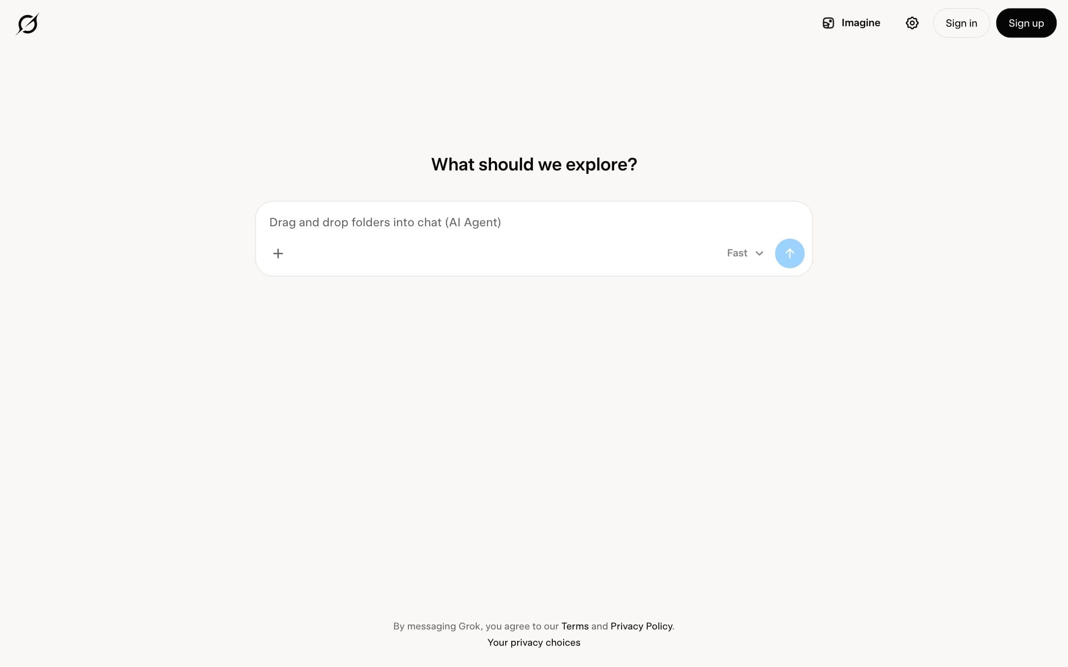 Página de inicio de Grok con el titular «What should we explore?»