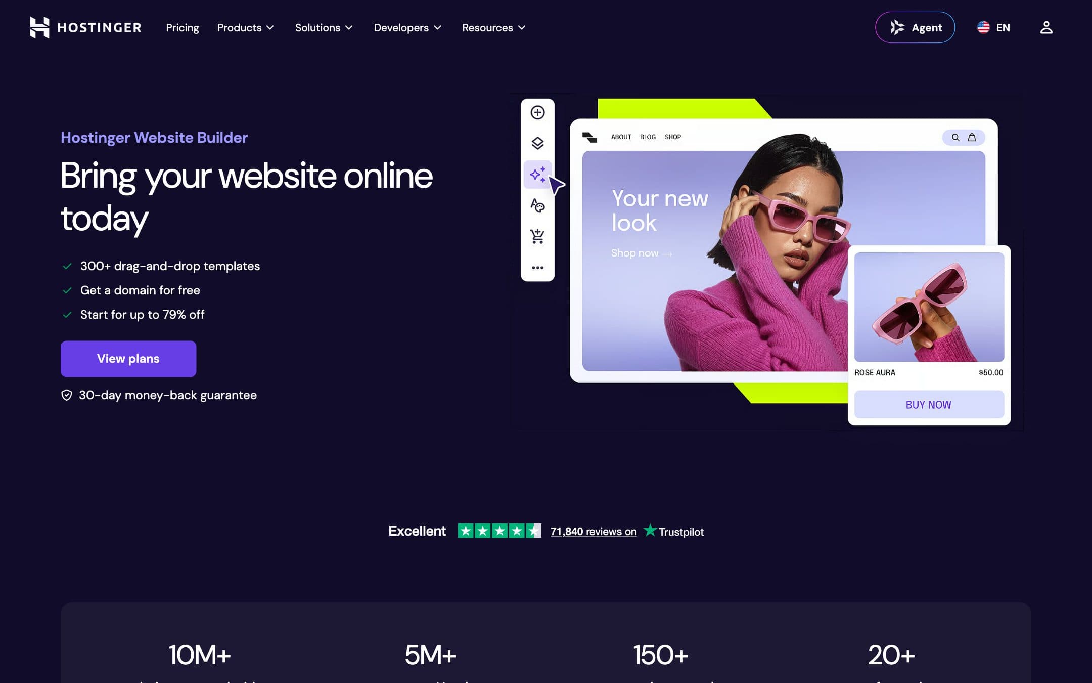 Hostinger Website Builder homepage with the headline "Hostinger Website Builder"