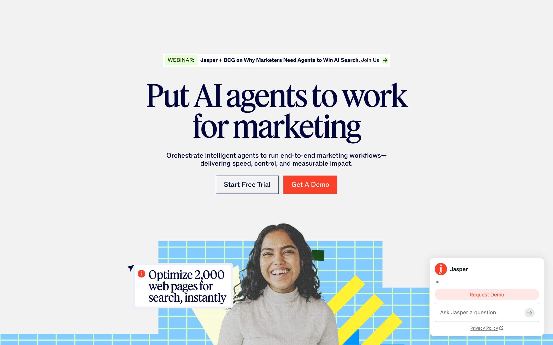 Página de inicio de Jasper con el titular «Put AI agents to work for marketing»