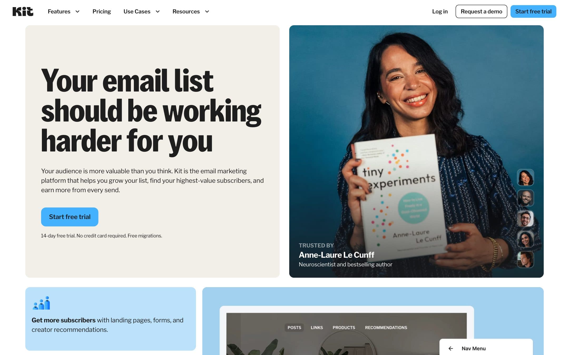 Kit homepage with the headline "Your email list should be working harder for you"