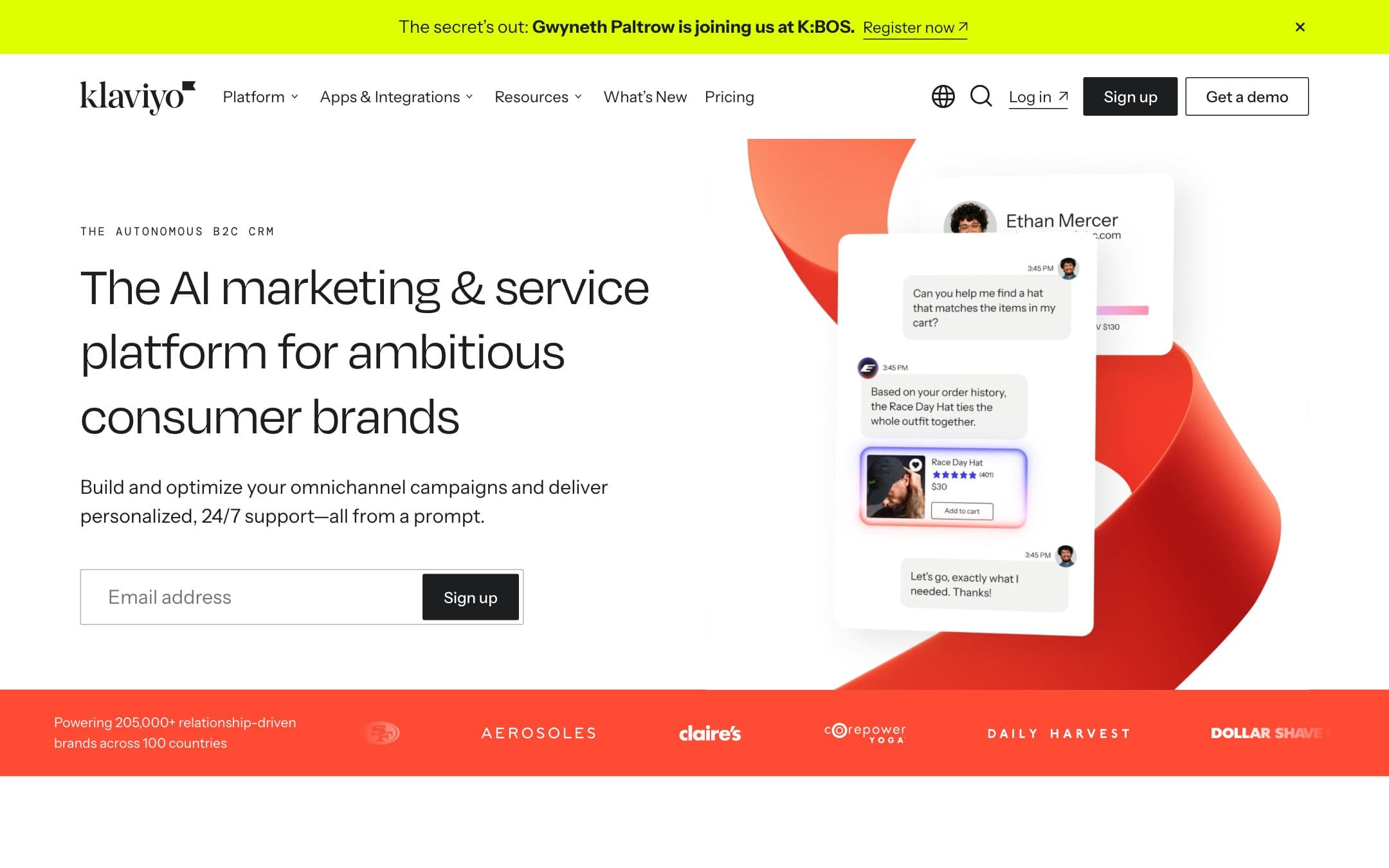 Klaviyo homepage with the headline "THE AUTONOMOUS B2C CRM"