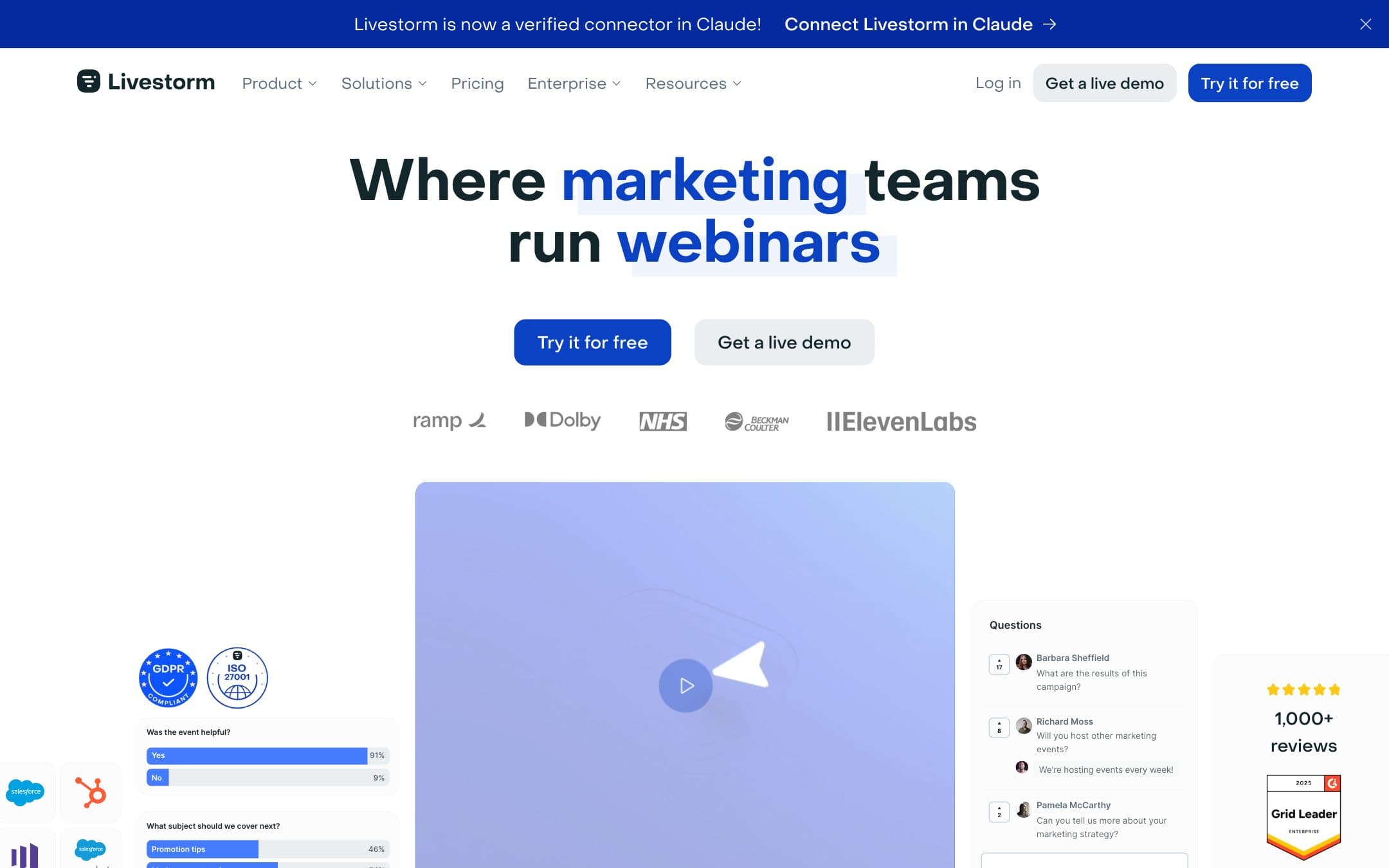 Livestorm homepage with the headline "Where marketing teams run webinars"