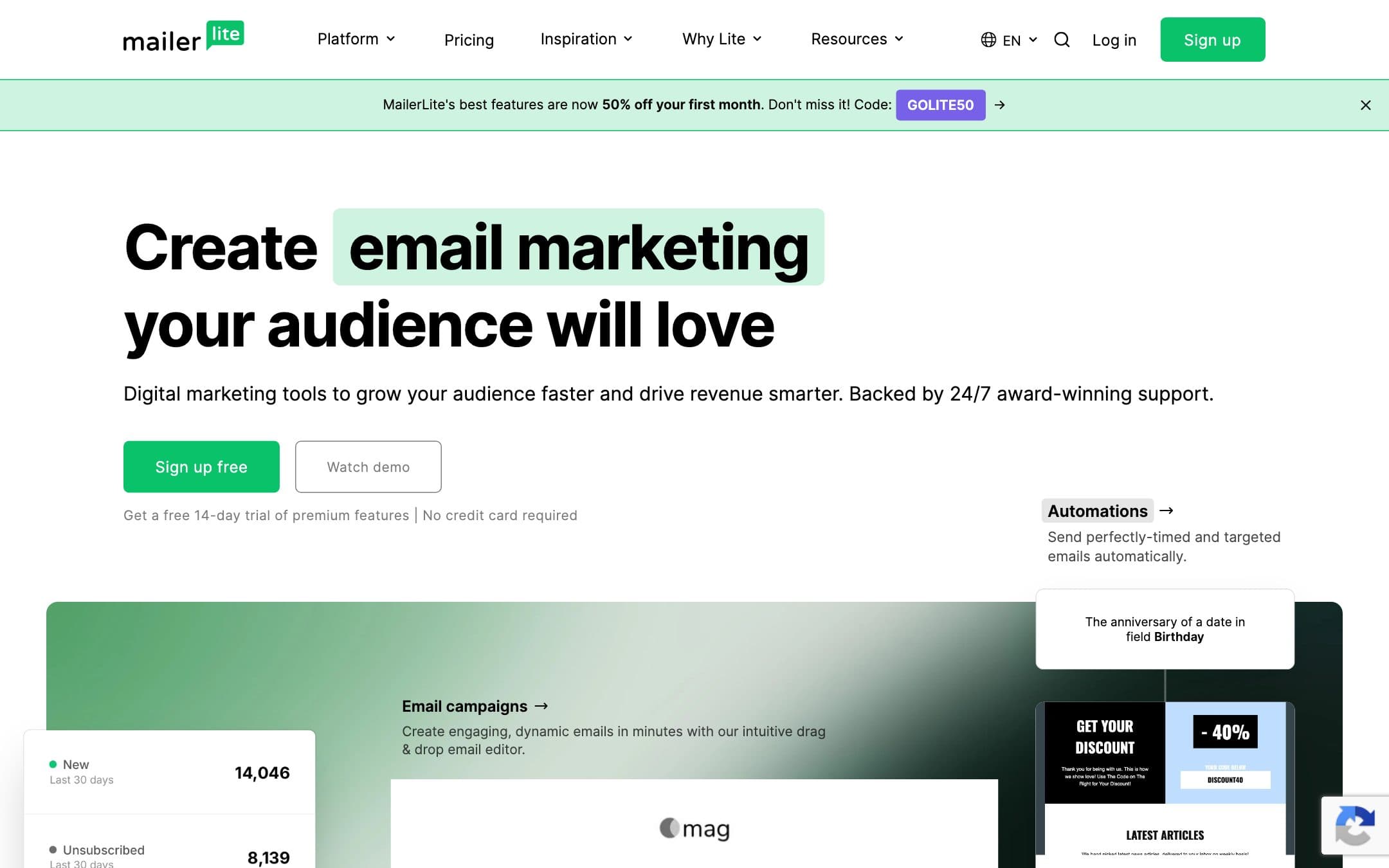 Página de inicio de MailerLite con el titular «Create email marketing automations landing pages signup forms websites your audience will love» («Crea automatizaciones de email marketing, páginas de destino, formularios de alta y webs que tu audiencia va a adorar»)