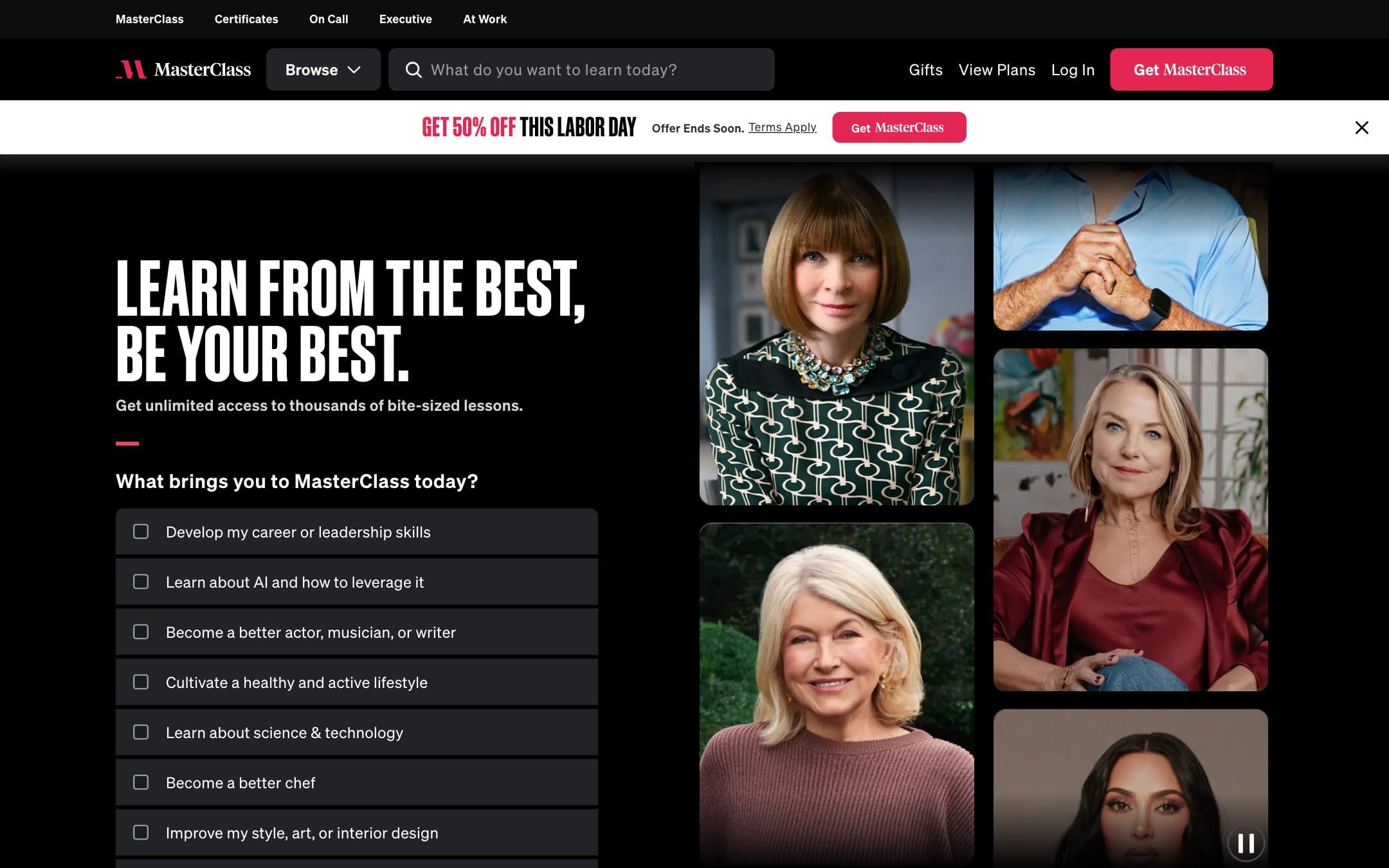 Startseite von MasterClass mit der Überschrift „LEARN FROM THE BEST, BE YOUR BEST.“