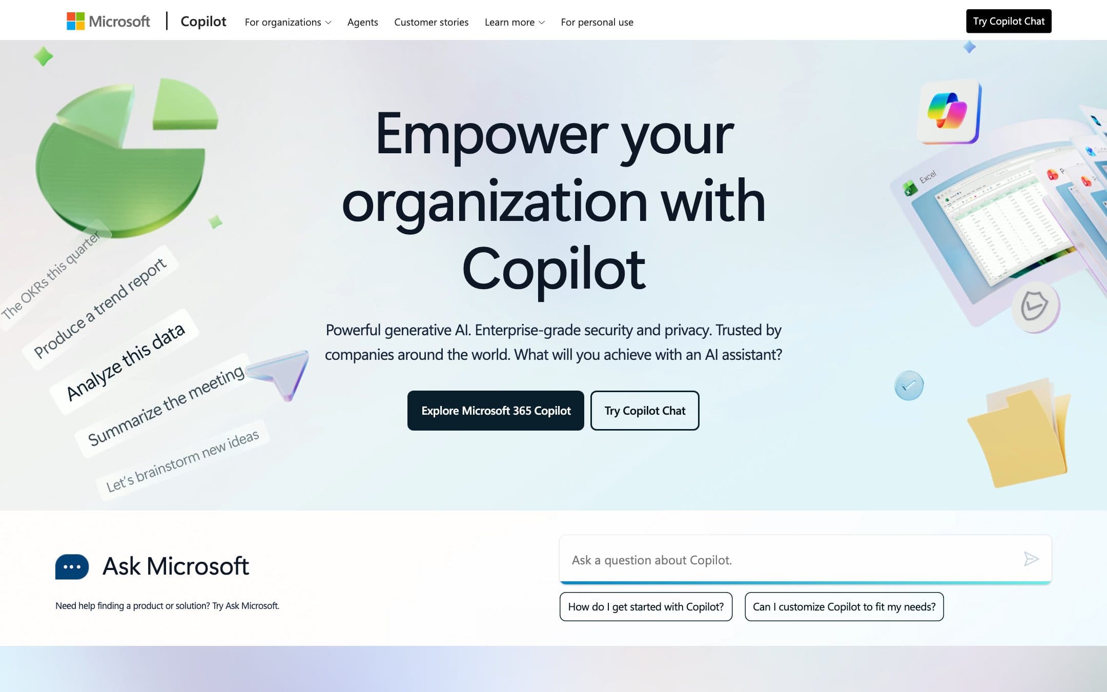 Página de inicio de Microsoft Copilot con el titular «Empower your organization with Copilot» («Da poder a tu organización con Copilot»), junto a una ilustración de indicaciones que alimentan un documento de Office