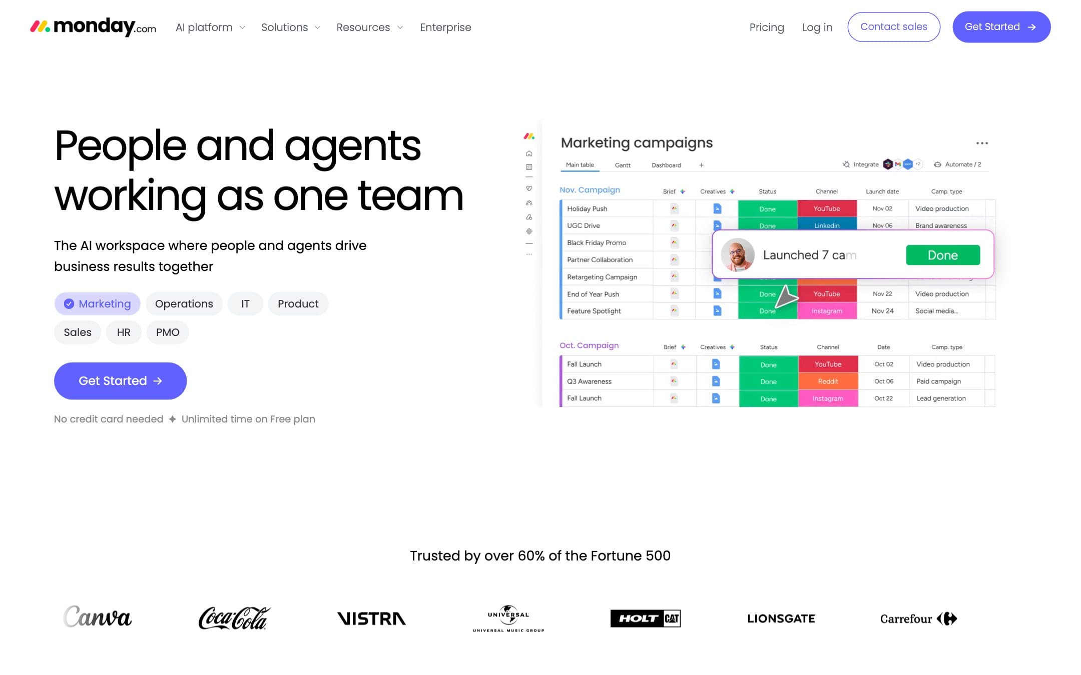 Página de inicio de monday.com con el titular «People and agents working as one team» («Personas y agentes trabajando como un solo equipo»), junto a un tablero de campañas de marketing