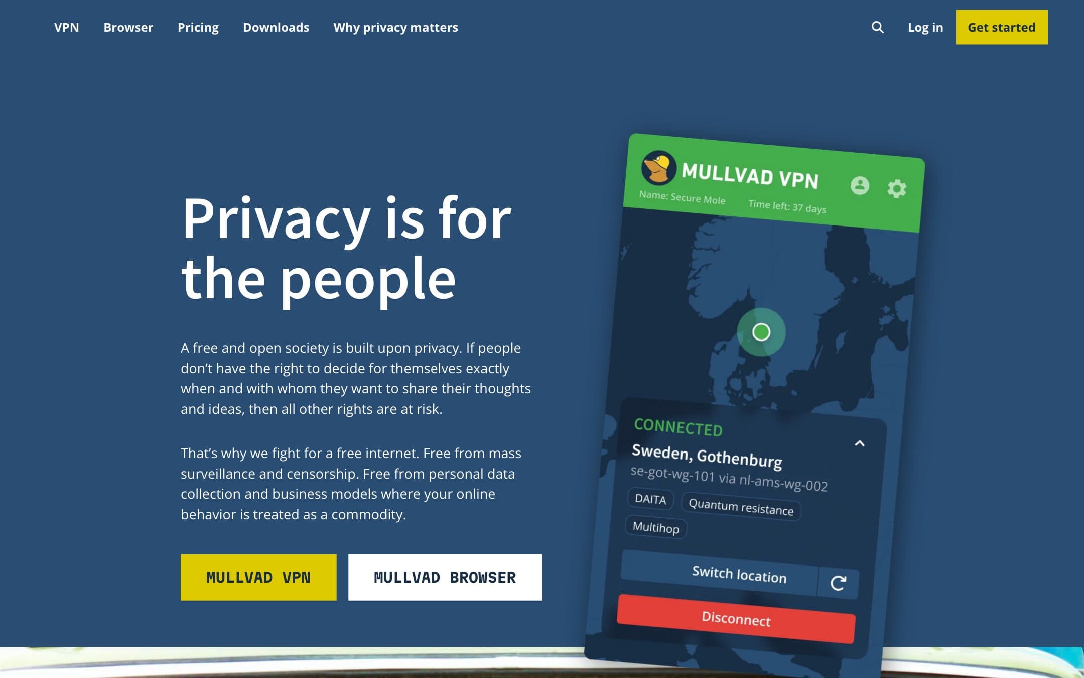 Página de inicio de Mullvad VPN con el titular «Privacy is for the people» (la privacidad es para la gente)