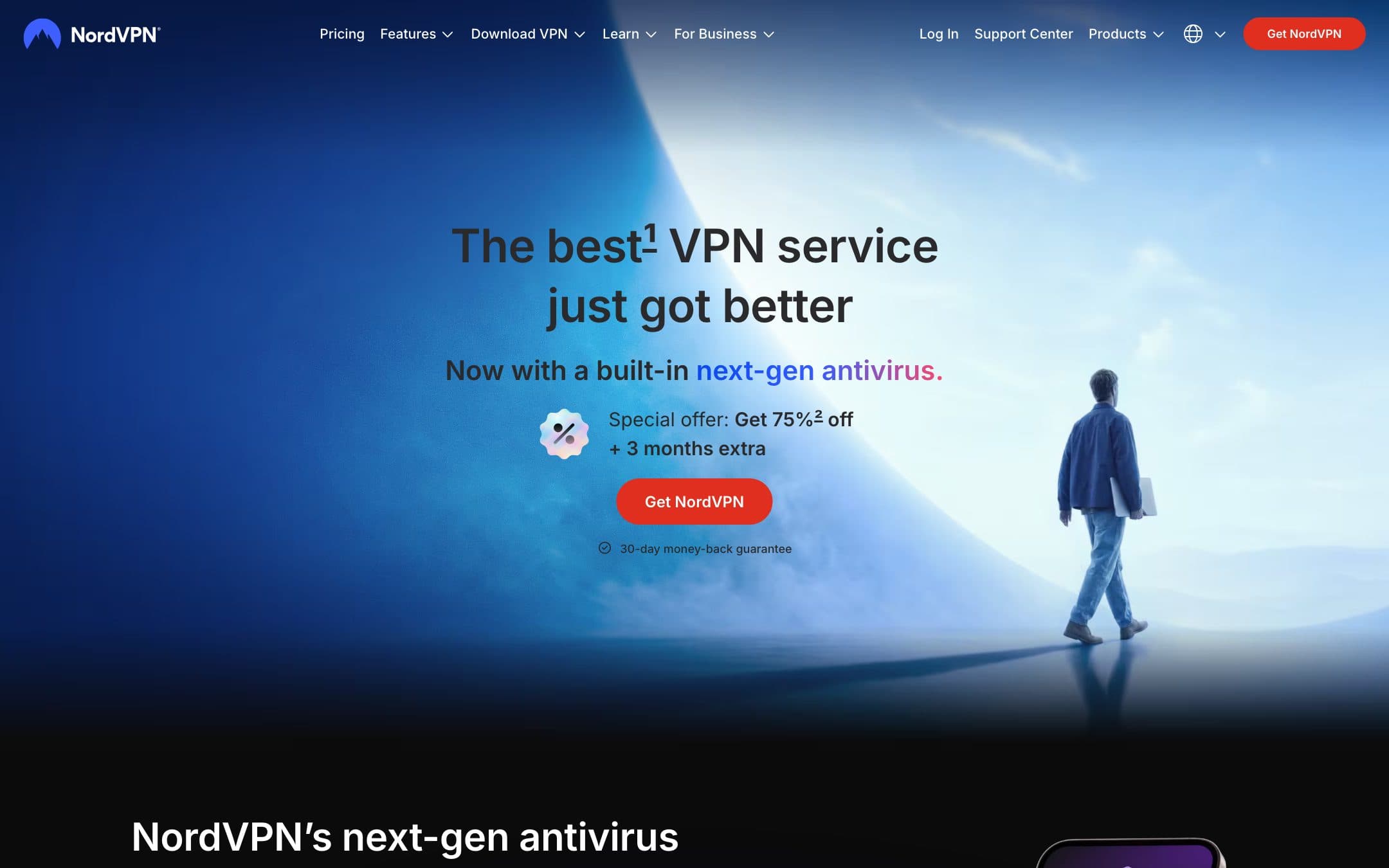 Startseite von NordVPN mit der Überschrift „The best¹ VPN service just got better“ (der beste VPN-Dienst ist gerade noch besser geworden)