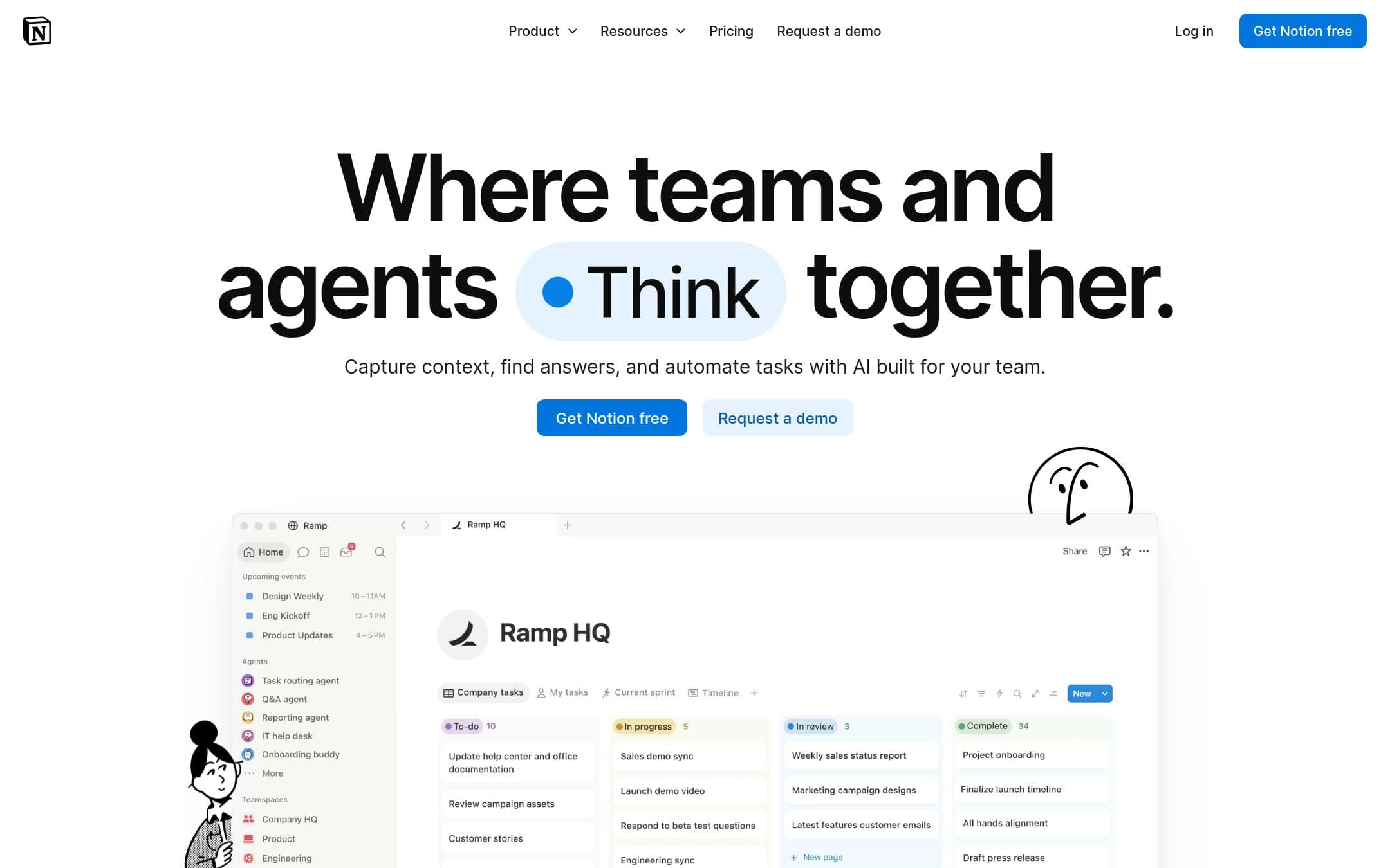 Página de inicio de Notion con el titular "Where teams and agents Create together" sobre una maqueta de un espacio de trabajo con un tablero de tareas