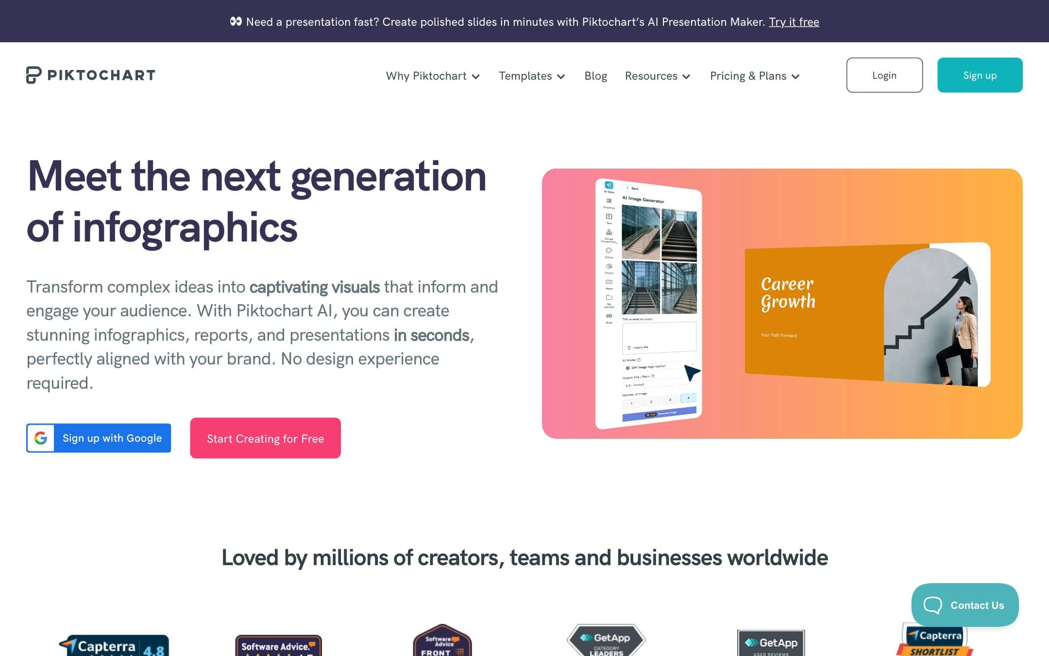 Página de inicio de Piktochart con el titular "Meet the next generation of infographics" («Conoce la nueva generación de infografías») y una vista previa de su generador de imágenes con IA. Recortada por encima de la fila de insignias de reseñas.