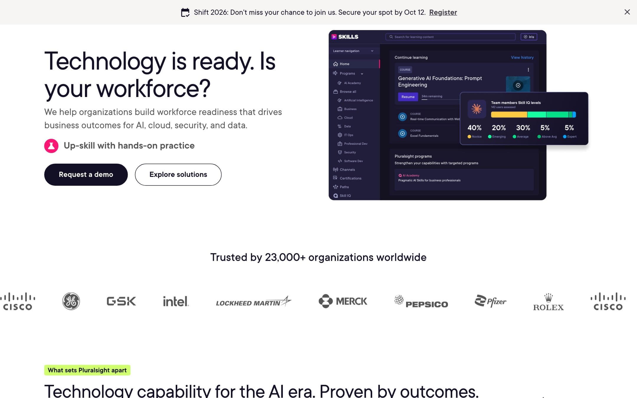 Página de inicio de Pluralsight con el titular "Technology is ready. Is your workforce?"