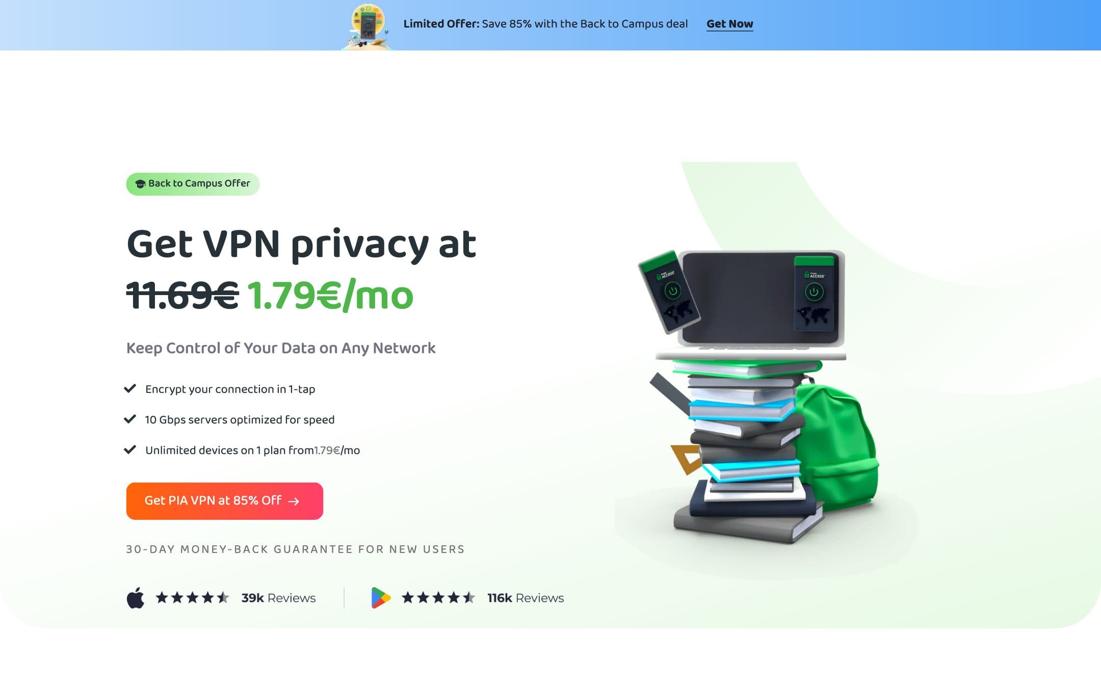 Página de inicio de Private Internet Access con el titular «Get VPN privacy at 1,79 €/mes» junto a una pila de dispositivos