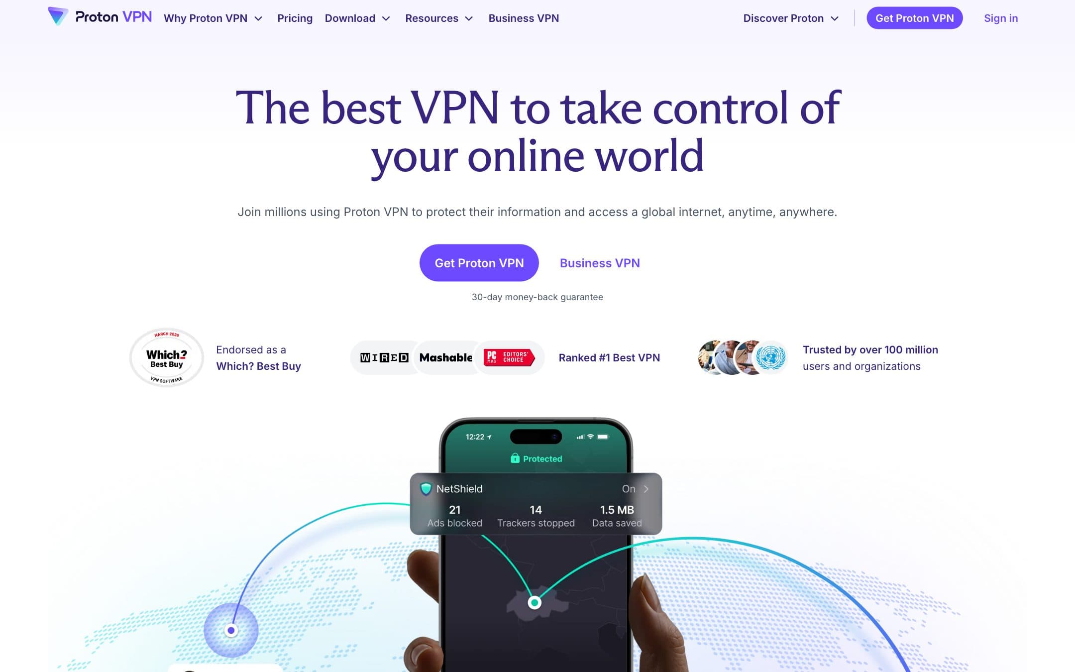 Proton VPN homepage with the headline "The best VPN to take control of your online world"