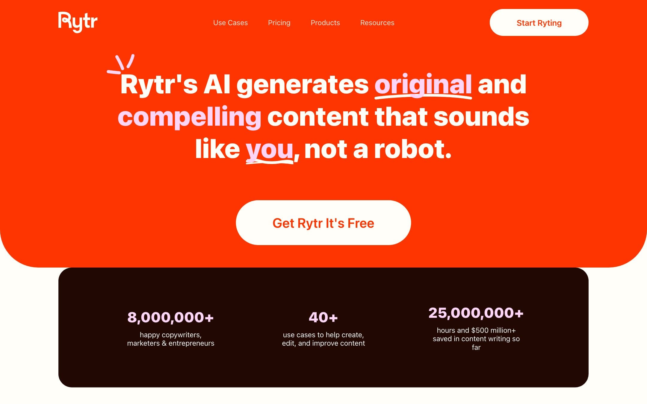 Rytr homepage with the headline "Rytr's AI generates original and compelling content that sounds like you , not a robot."