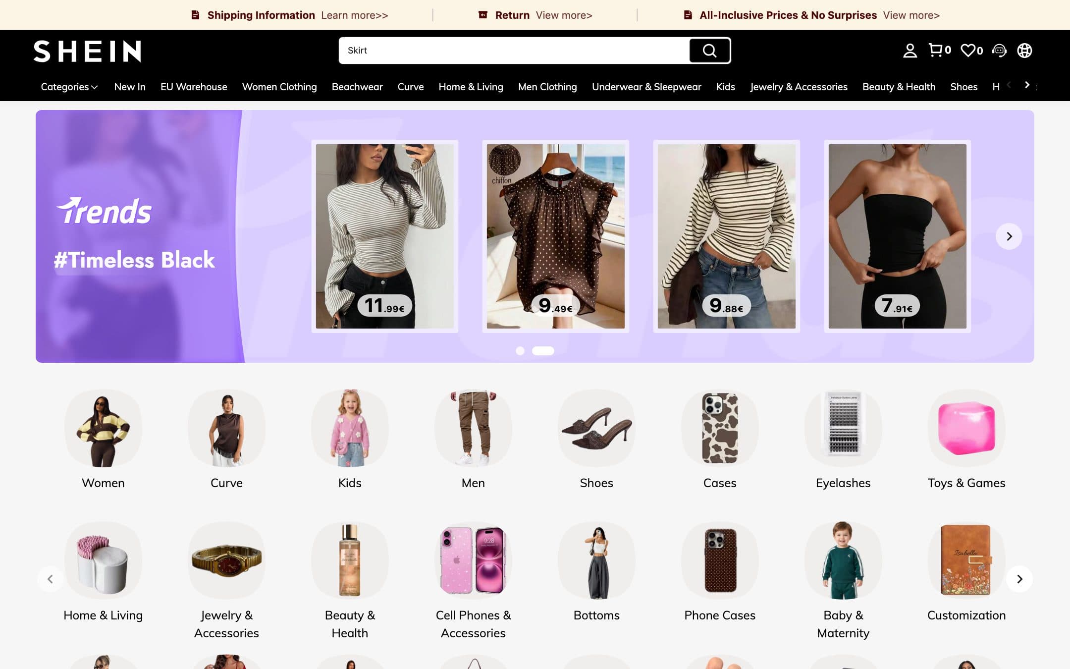 Página de inicio de SHEIN con un banner Trends sobre una cuadrícula de categorías de compra, con precios en euros