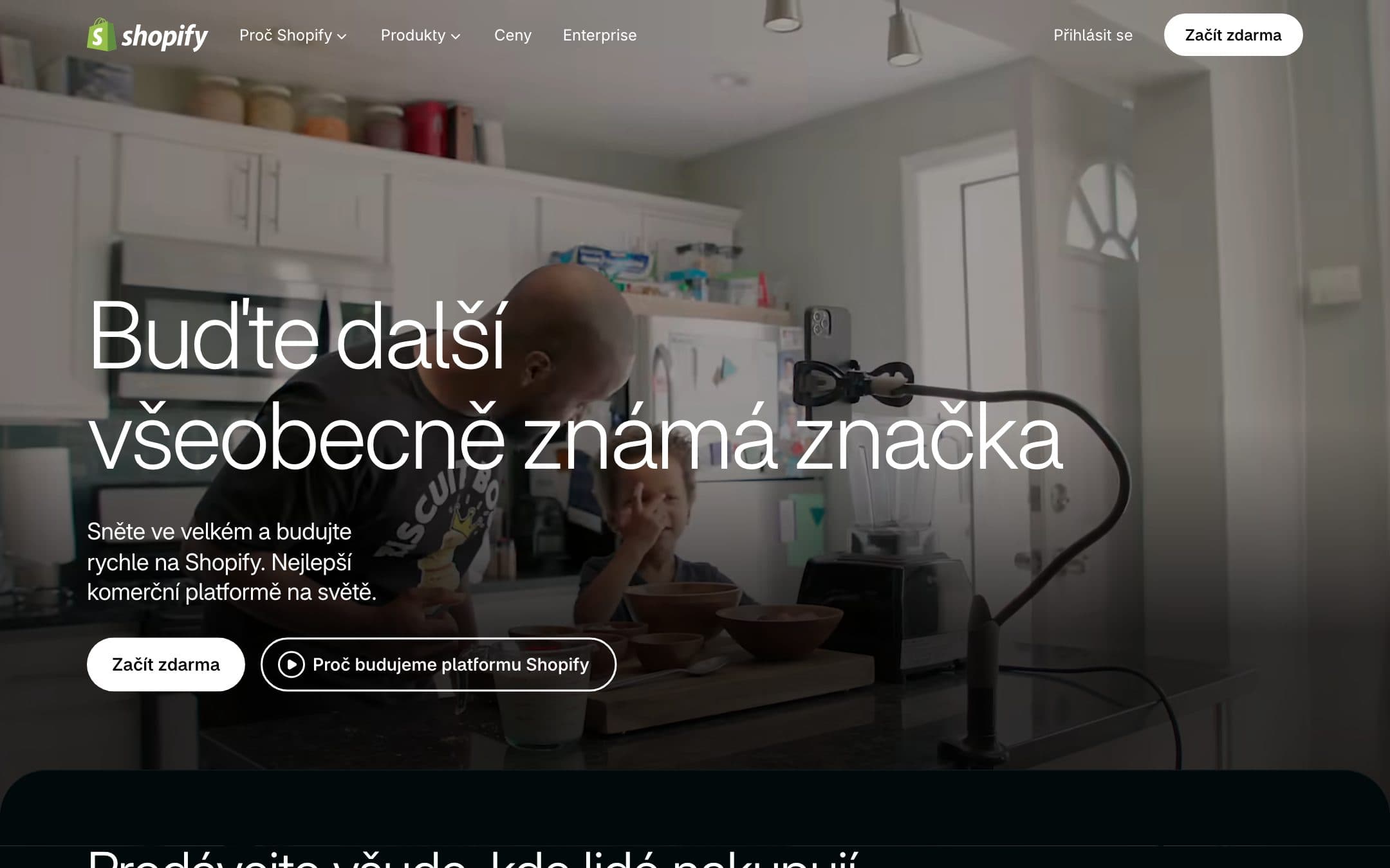 Shopify homepage with the headline "Buďte další hvězda v oblasti AI"
