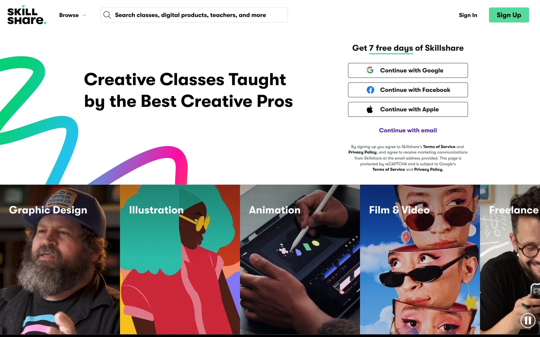 Página de inicio de Skillshare con el titular "Creative Classes Taught by the Best Creative Pros"