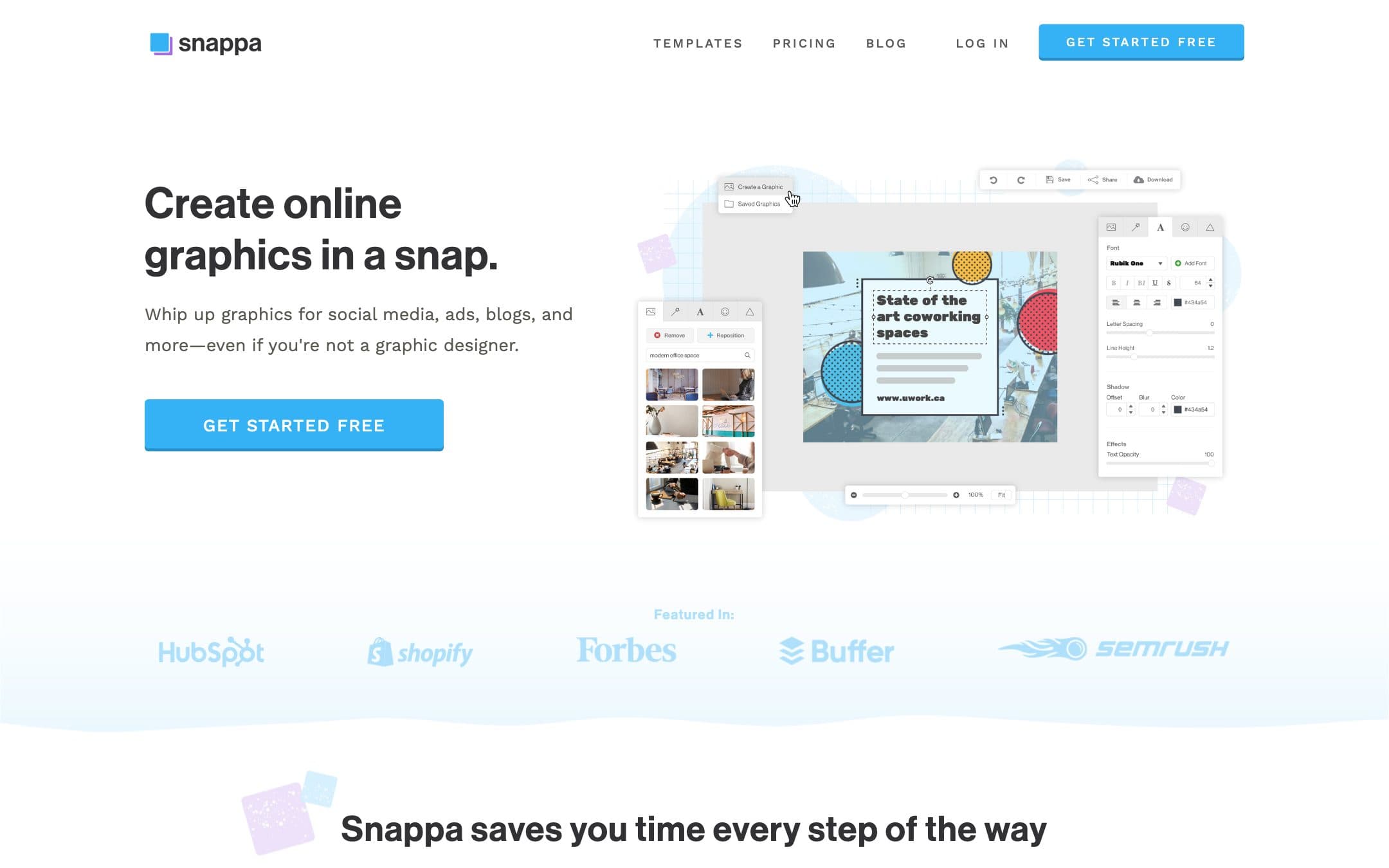 Página de inicio de Snappa con el titular "Create online graphics in a snap." («Crea gráficos online en un momento».)