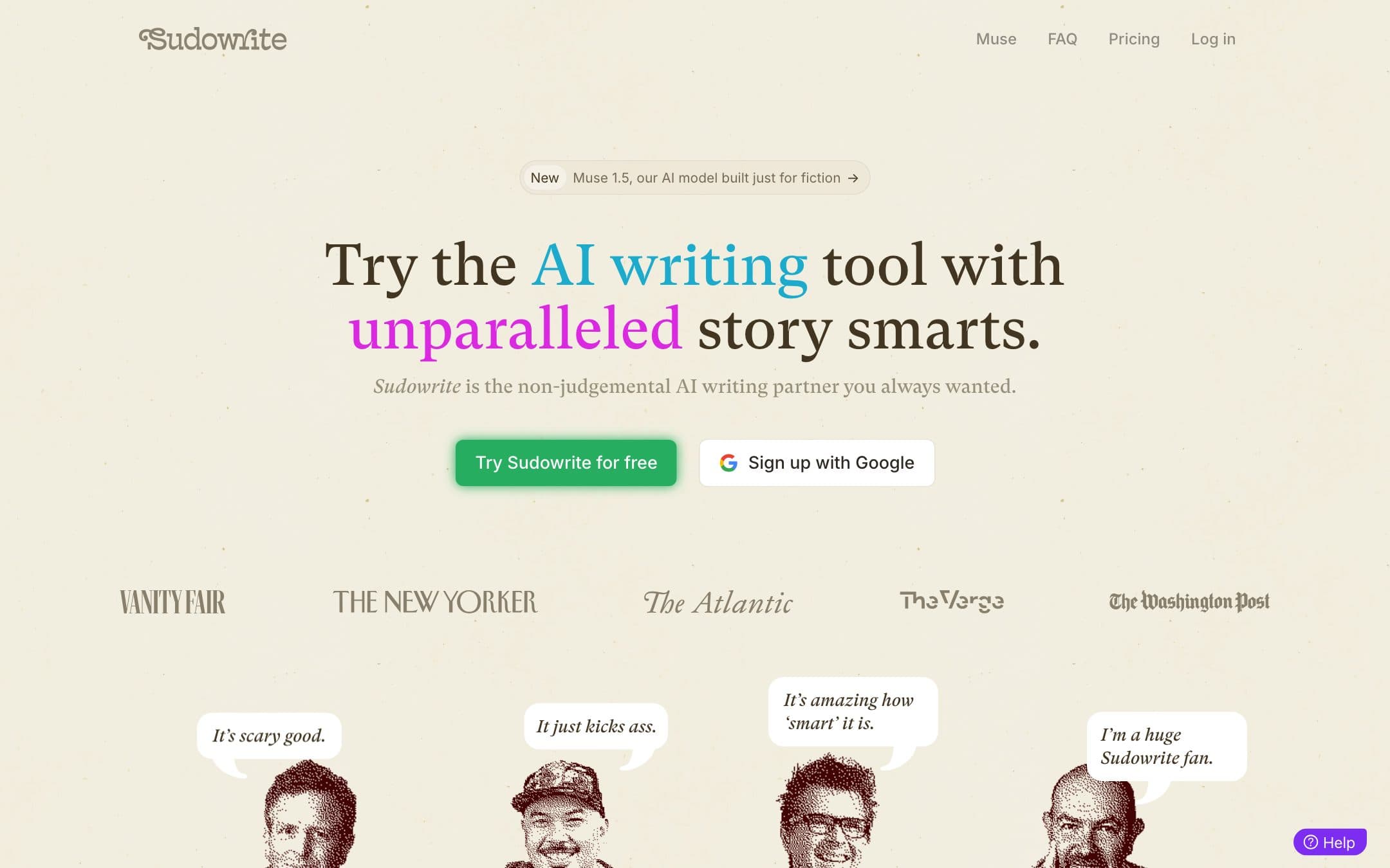 Página de inicio de Sudowrite con el titular «Try the AI writing tool with unparalleled story smarts.»