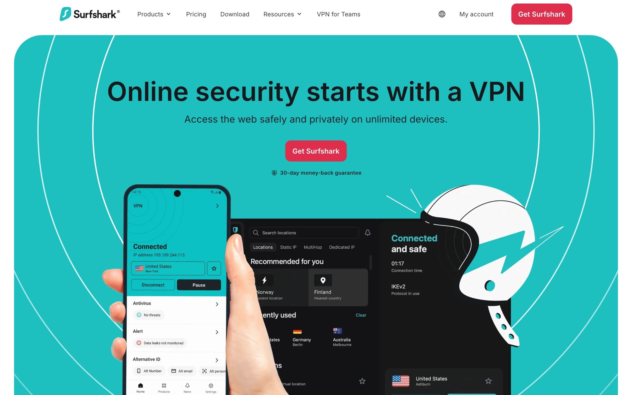 Página de inicio de Surfshark con el titular «Online security starts with a VPN» (la seguridad en línea empieza con una VPN)