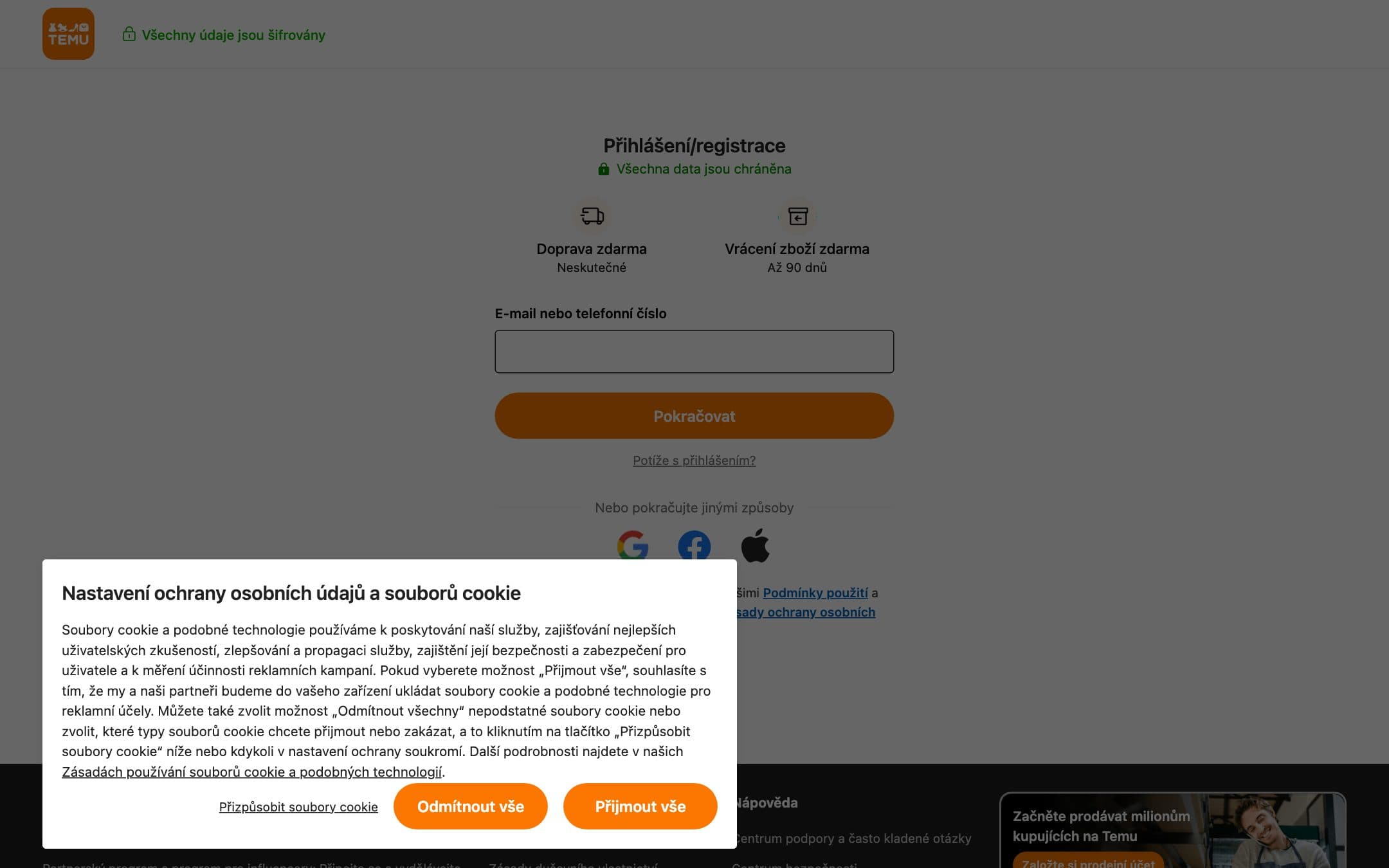 La página de inicio de Temu con el titular «Přihlášení/registrace»