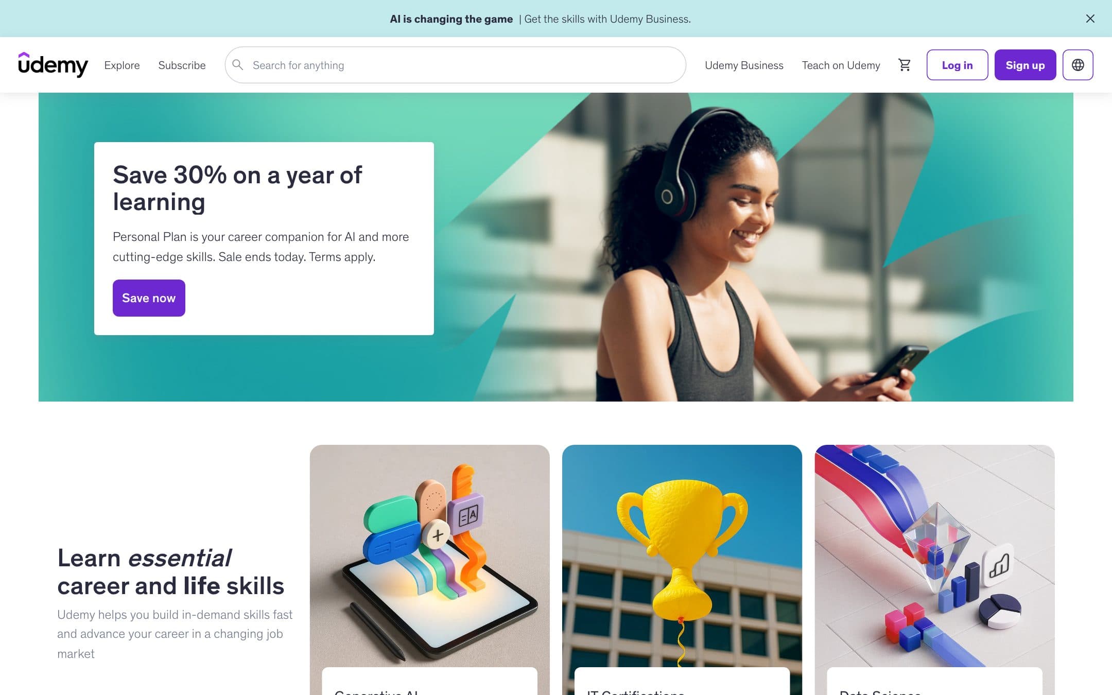 Página de inicio de Udemy con el titular "Learn essential career and life skills"